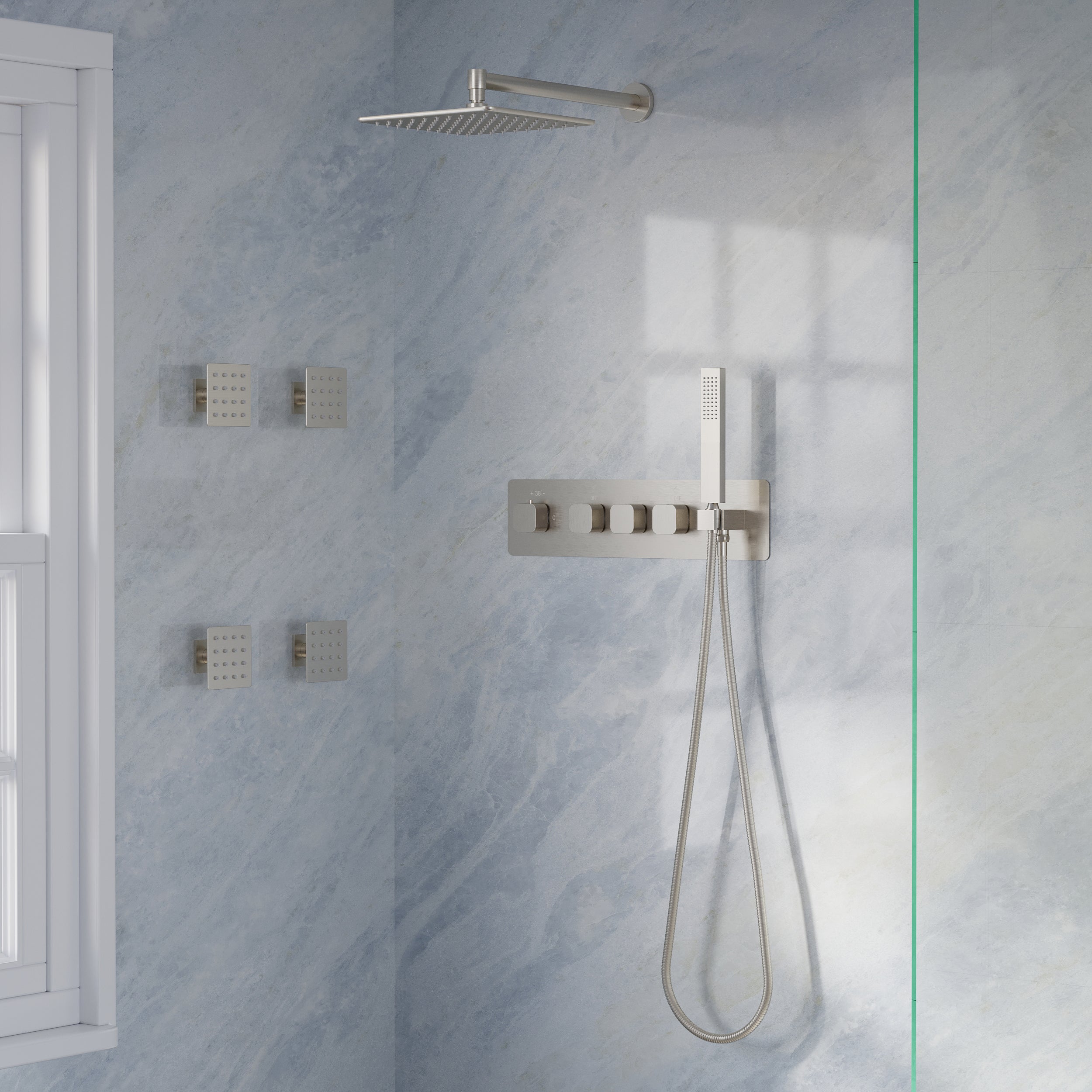 Thermostatic 3-Function Shower System with 10" 360° Adiustable Square Rainfall Head, L-Shaped Hand Shower & Body Jets, Solid 304 Stainless Steel