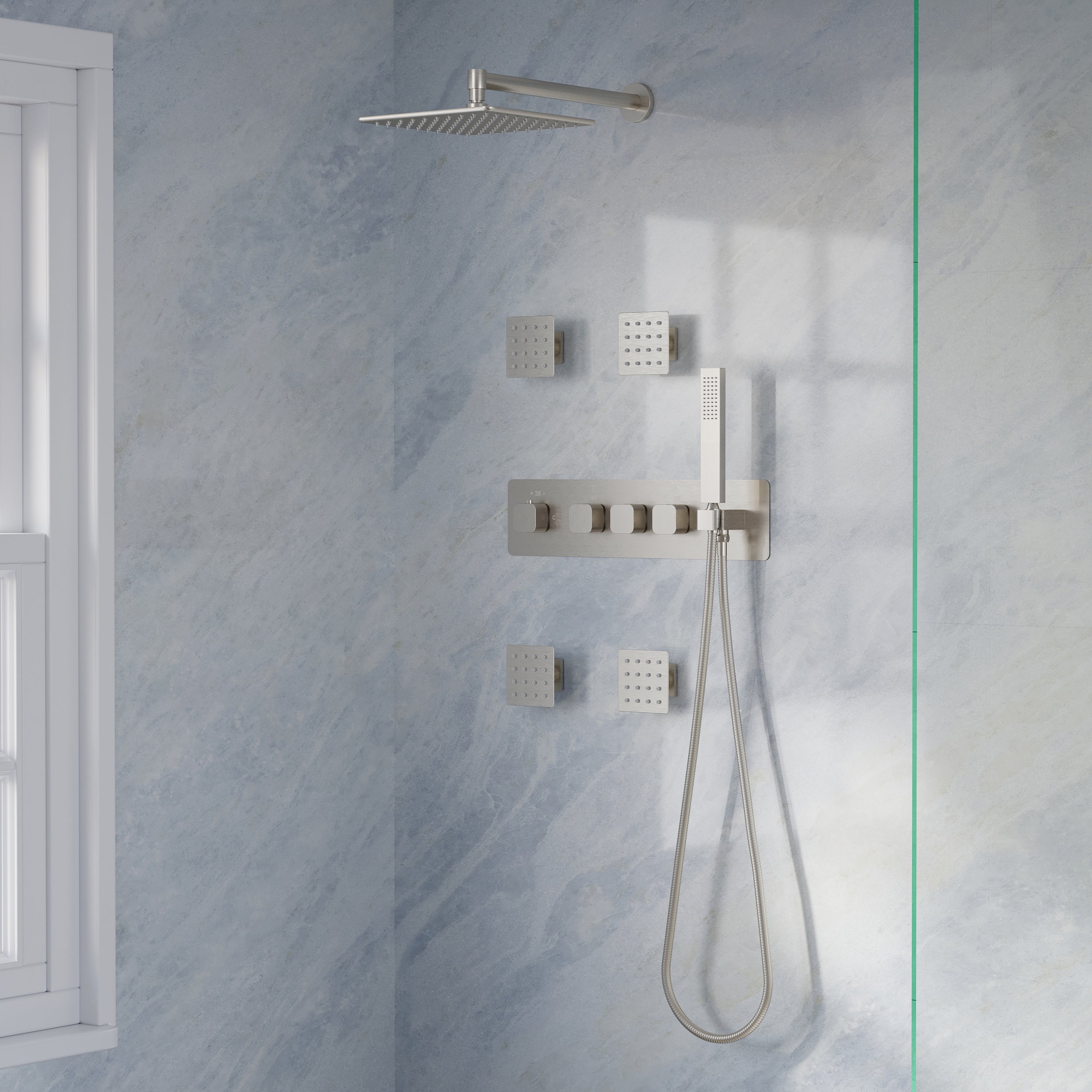 3-Function Shower System with 10" Square Rainfall Head, L-Shaped Hand Shower & Body Jets