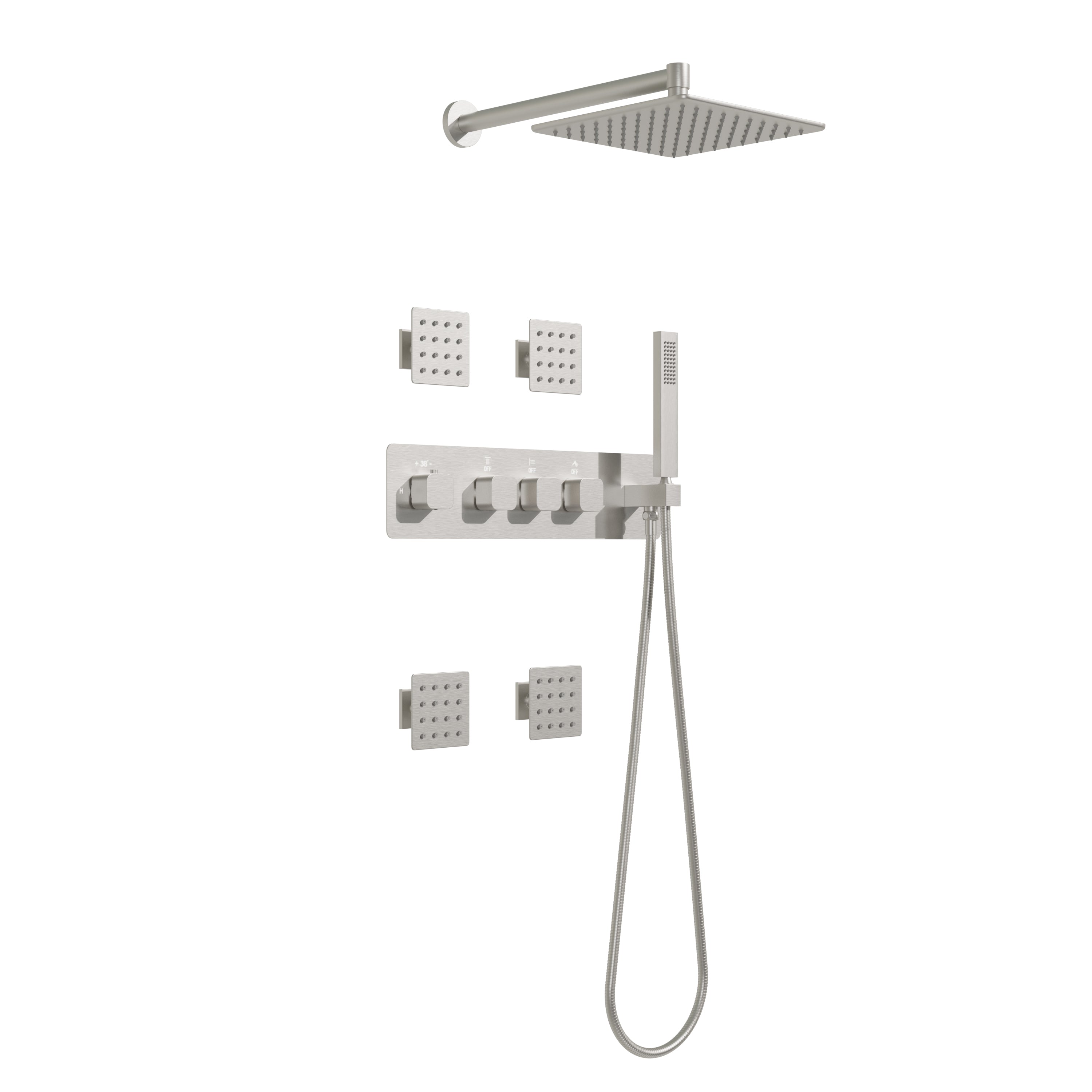 Thermostatic 3-Function Shower System with 10" 360° Adiustable Square Rainfall Head, L-Shaped Hand Shower & Body Jets, Solid 304 Stainless Steel