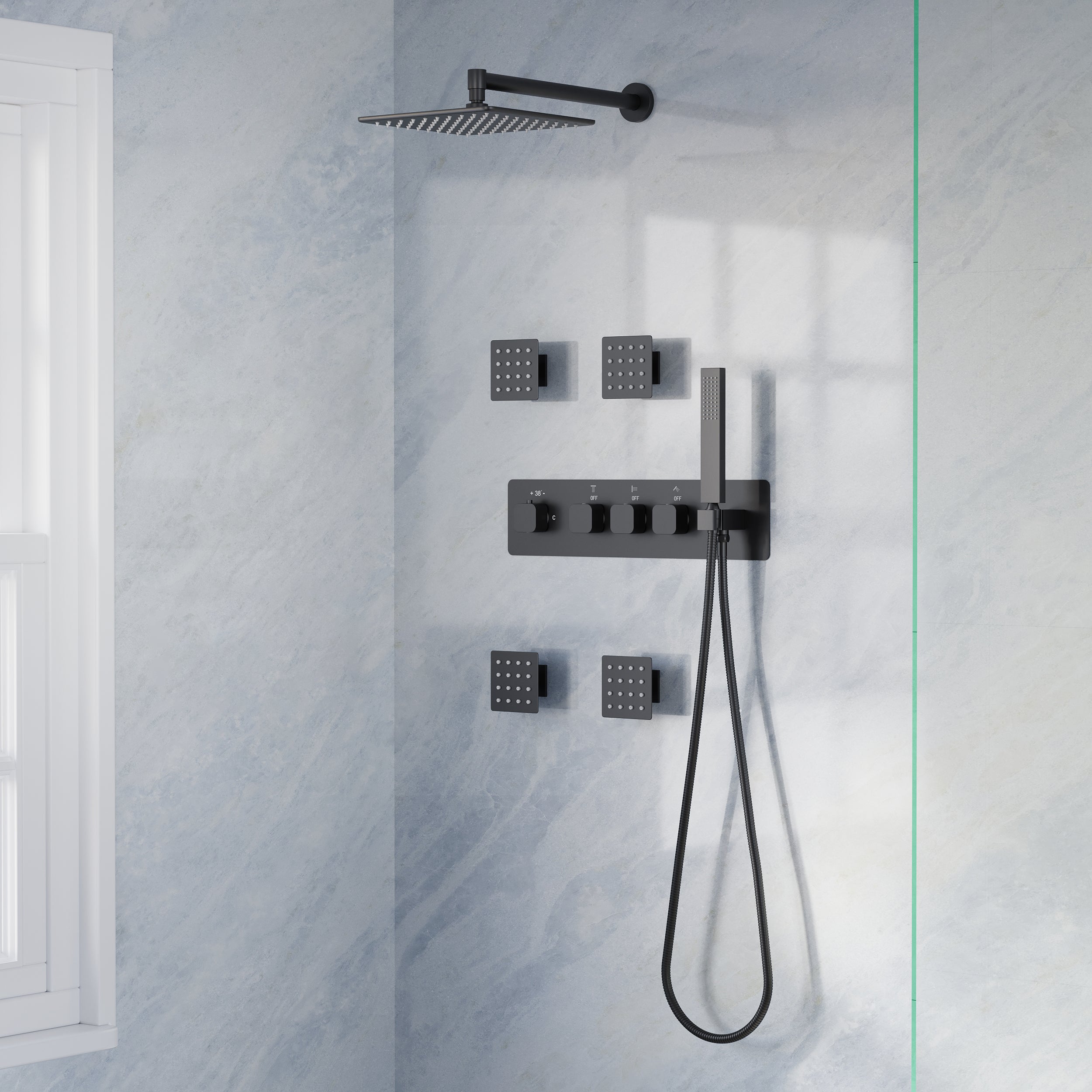 3-Function Shower System with 10" Square Rainfall Head, L-Shaped Hand Shower & Body Jets