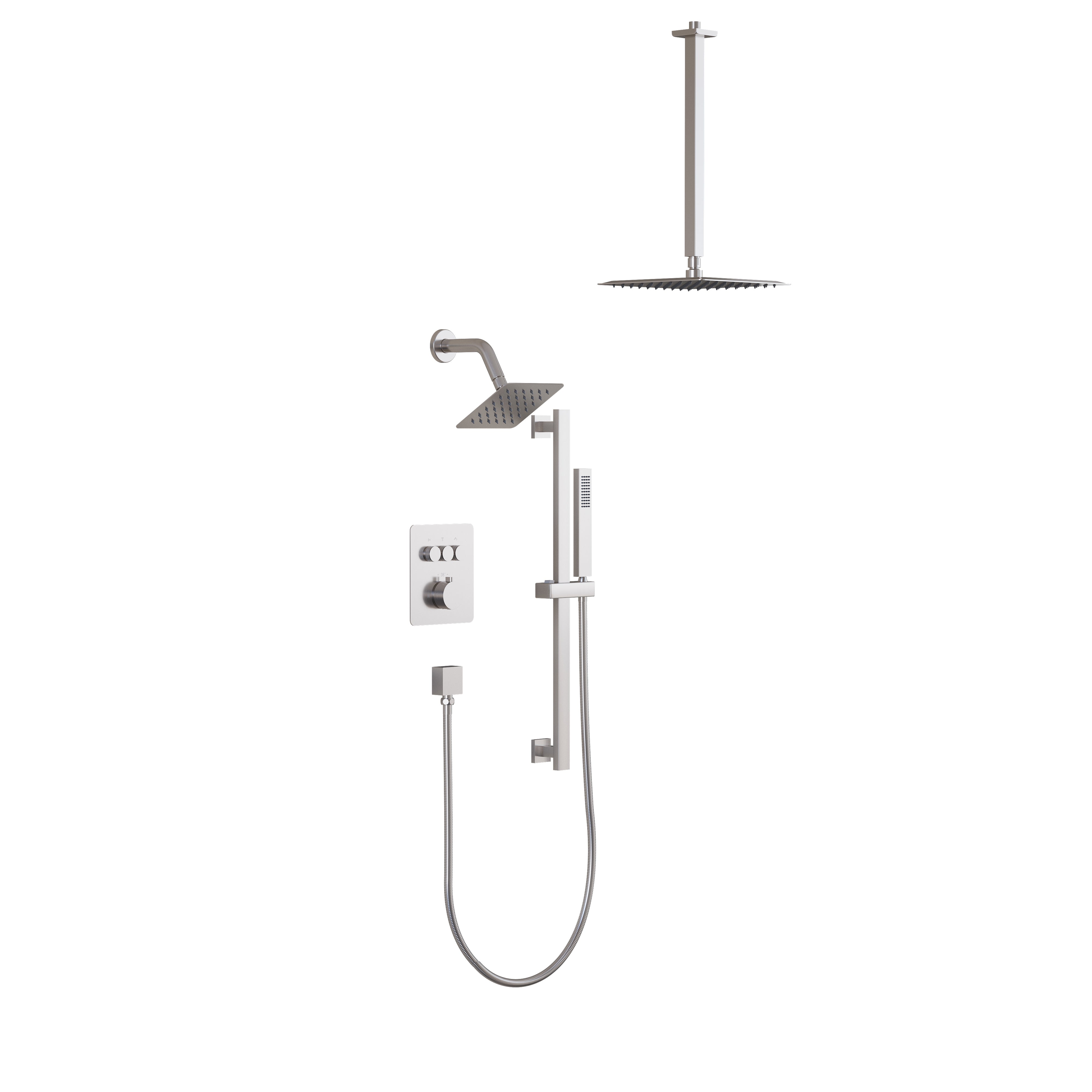 3-Function Thermostatic Stainless Steel Shower System with Dual Mounting Options Wall-Mounted & Ceiling-Mounted, Sliding Bar, 10" Square Overhead Shower