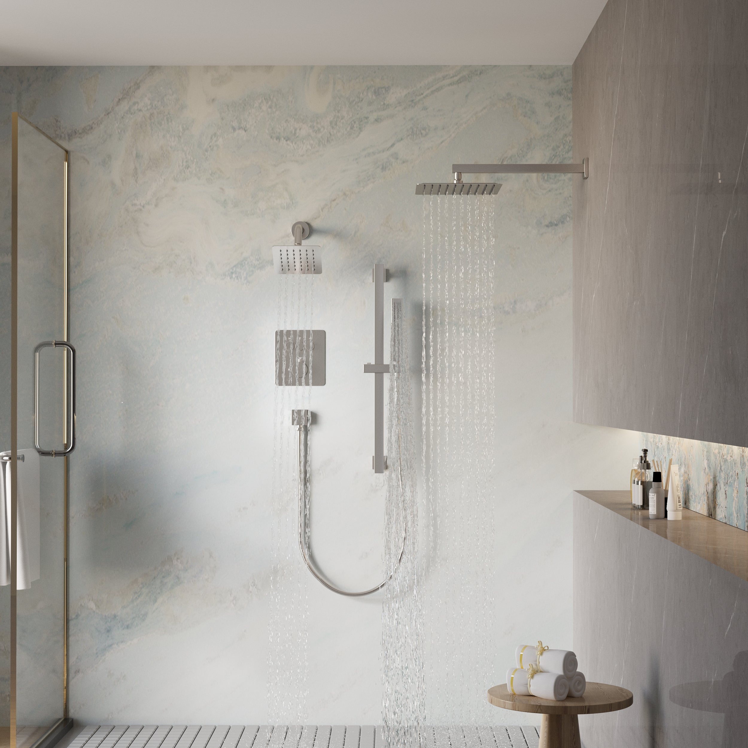 3-Function Thermostatic Stainless Steel Shower System with Dual Mounting Options Wall-Mounted & Ceiling-Mounted, Sliding Bar, 10" Square Overhead Shower