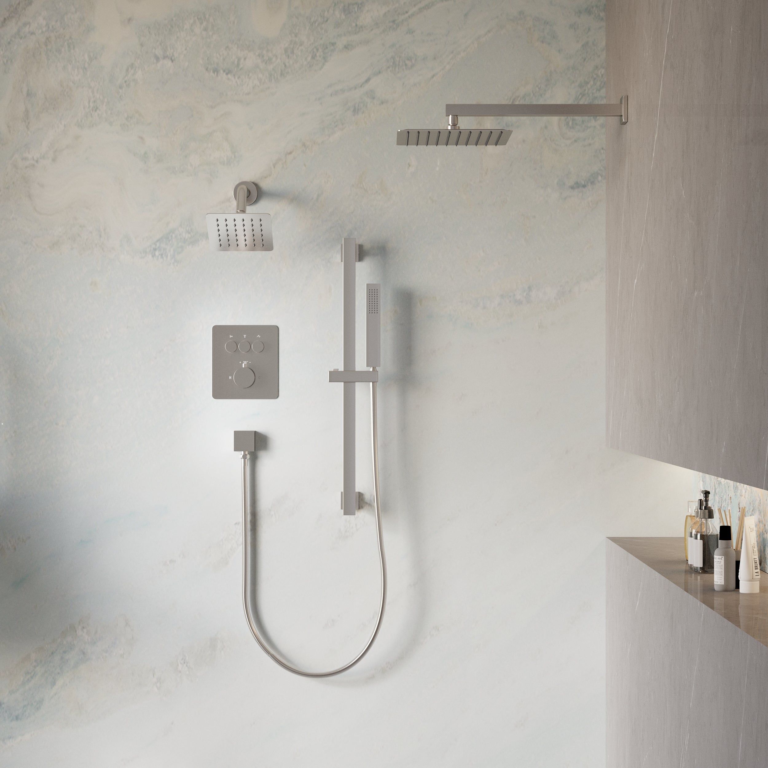 3-Function Thermostatic Stainless Steel Shower System with Dual Mounting Options Wall-Mounted & Ceiling-Mounted, Sliding Bar, 10" Square Overhead Shower