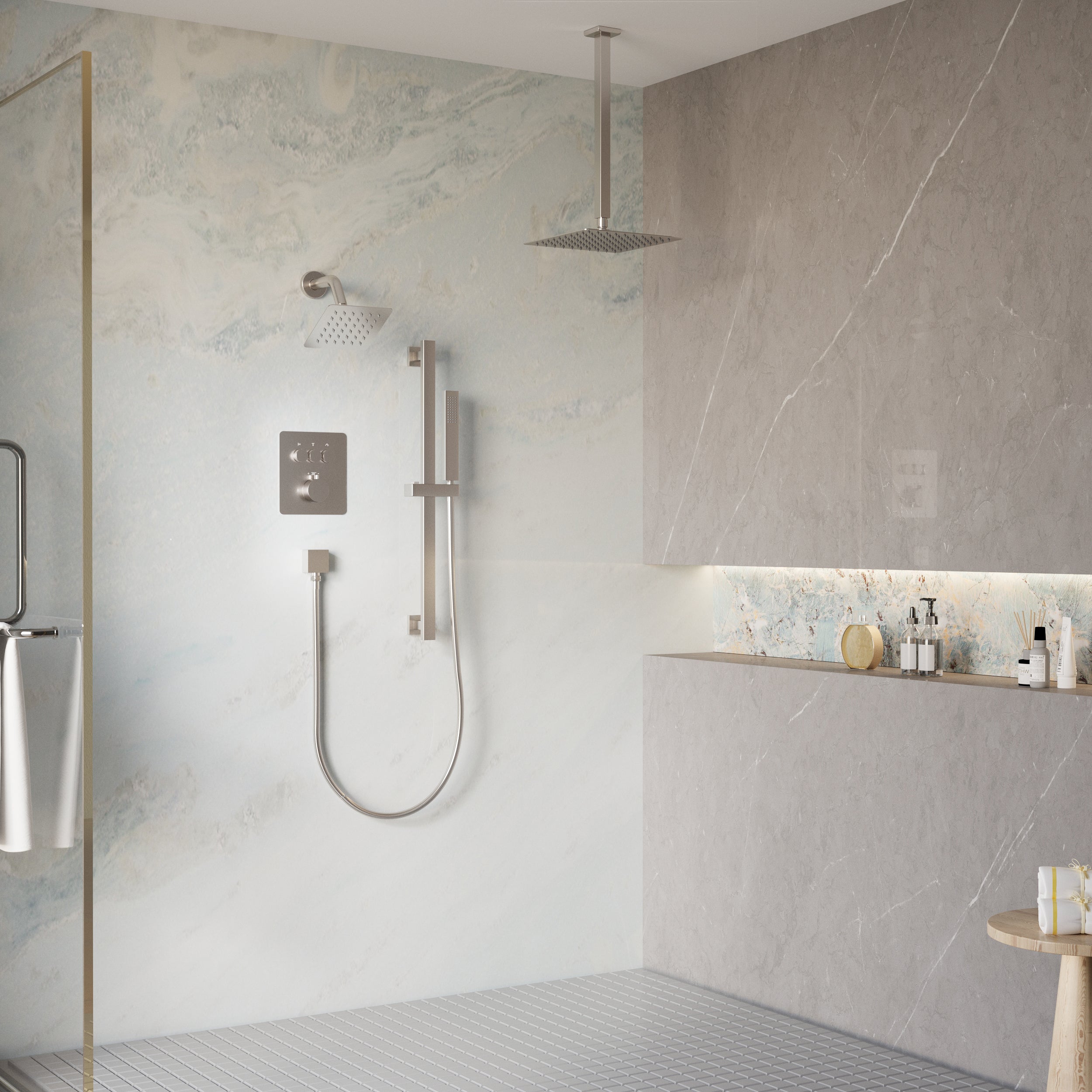 3-Function Thermostatic Stainless Steel Shower System with Dual Mounting Options Wall-Mounted & Ceiling-Mounted, Sliding Bar, 10" Square Overhead Shower