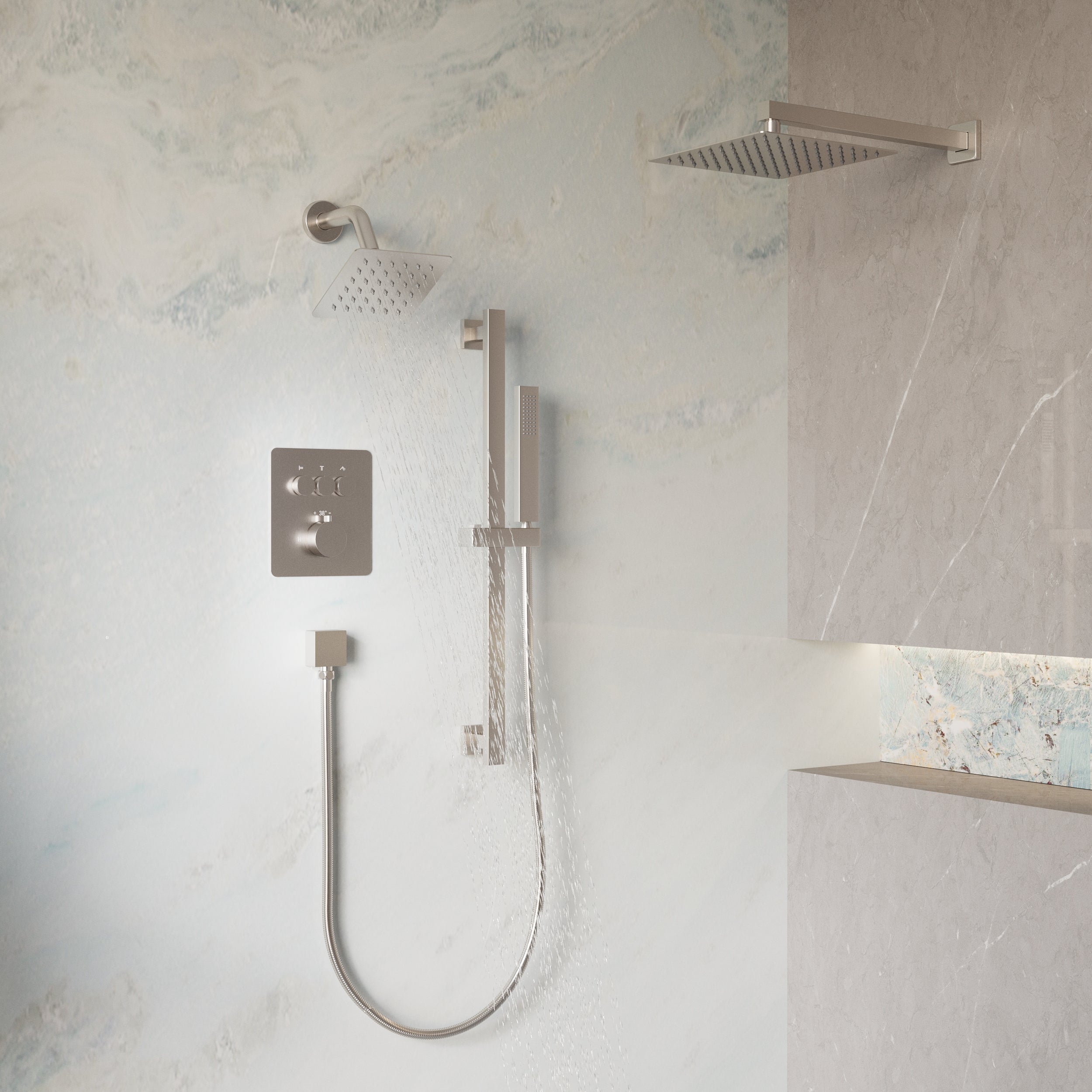 3-Function Thermostatic Stainless Steel Shower System with Dual Mounting Options Wall-Mounted & Ceiling-Mounted, Sliding Bar, 10" Square Overhead Shower