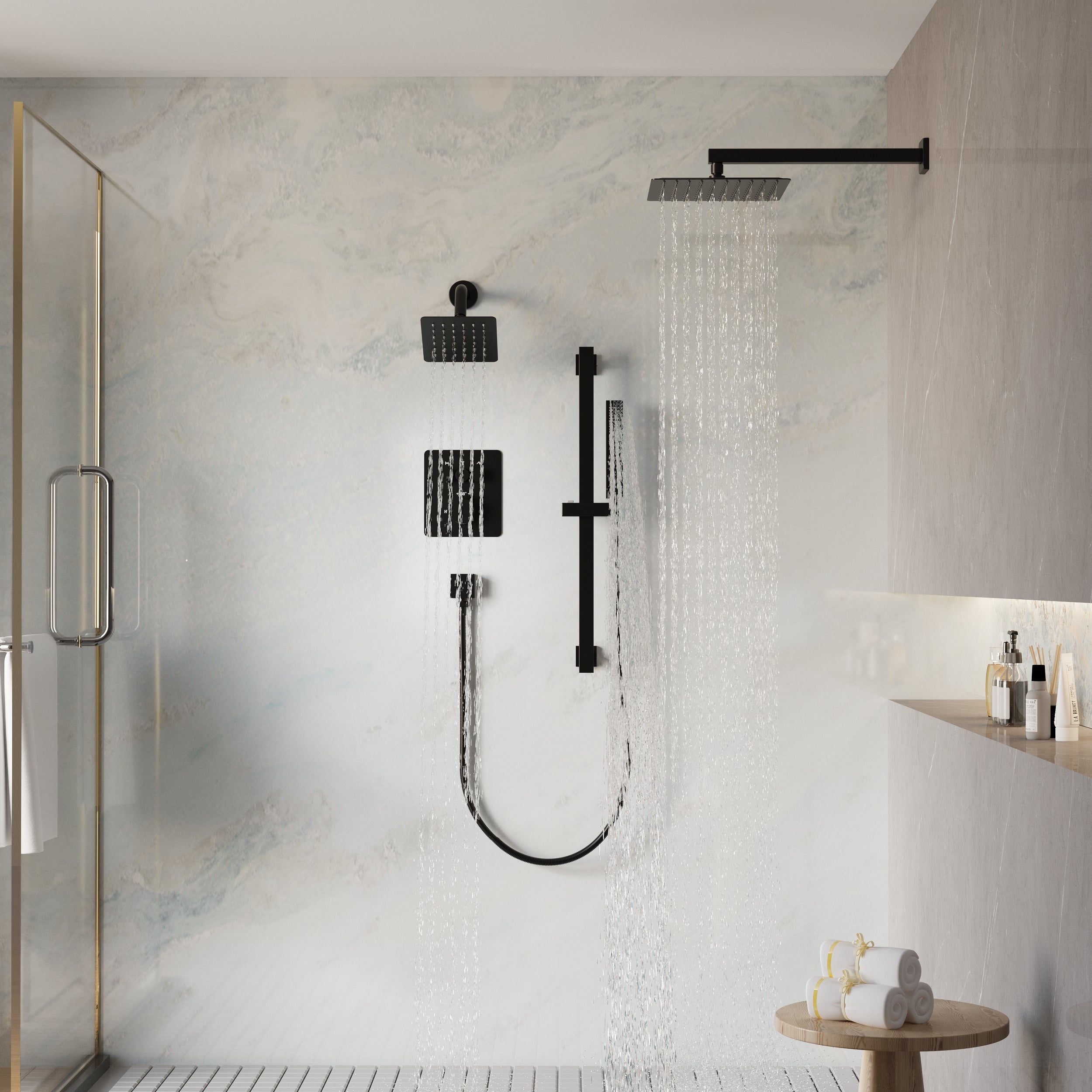 3-Function Thermostatic Stainless Steel Shower System with Dual Mounting Options Wall-Mounted & Ceiling-Mounted, Sliding Bar, 10" Square Overhead Shower
