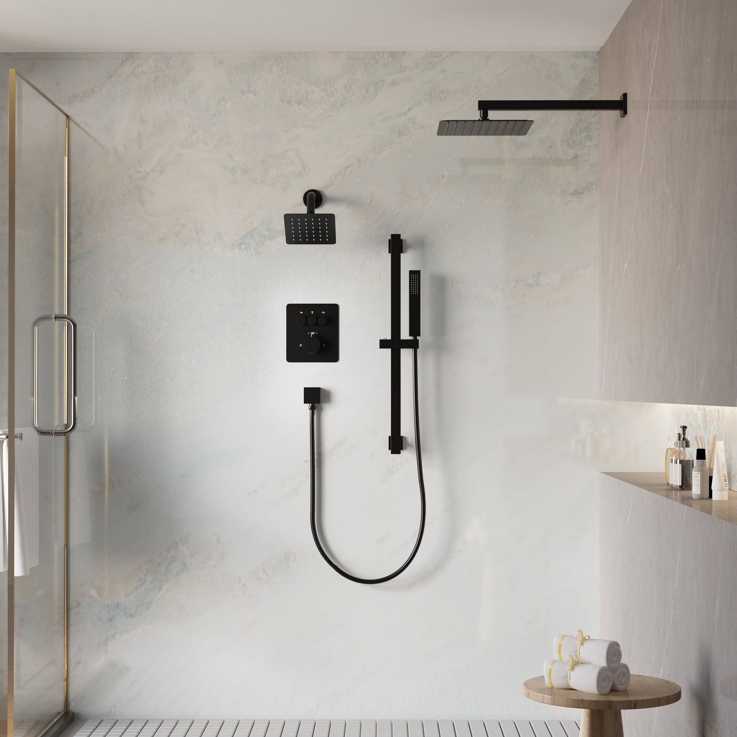 3-Function Thermostatic Stainless Steel Shower System with Dual Mounting Options Wall-Mounted & Ceiling-Mounted, Sliding Bar, 10" Square Overhead Shower