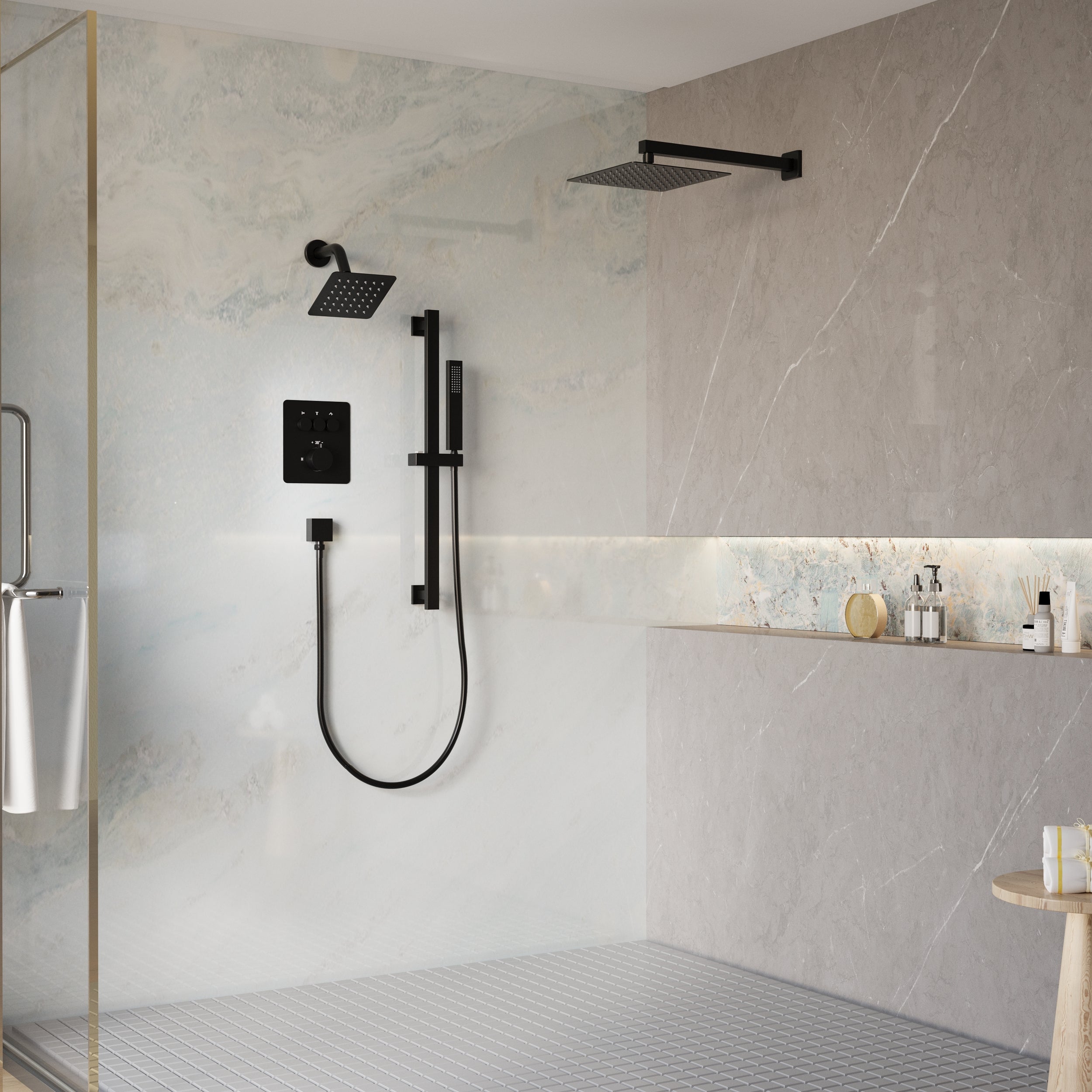 3-Function Thermostatic Stainless Steel Shower System with Dual Mounting Options Wall-Mounted & Ceiling-Mounted, Sliding Bar, 10" Square Overhead Shower