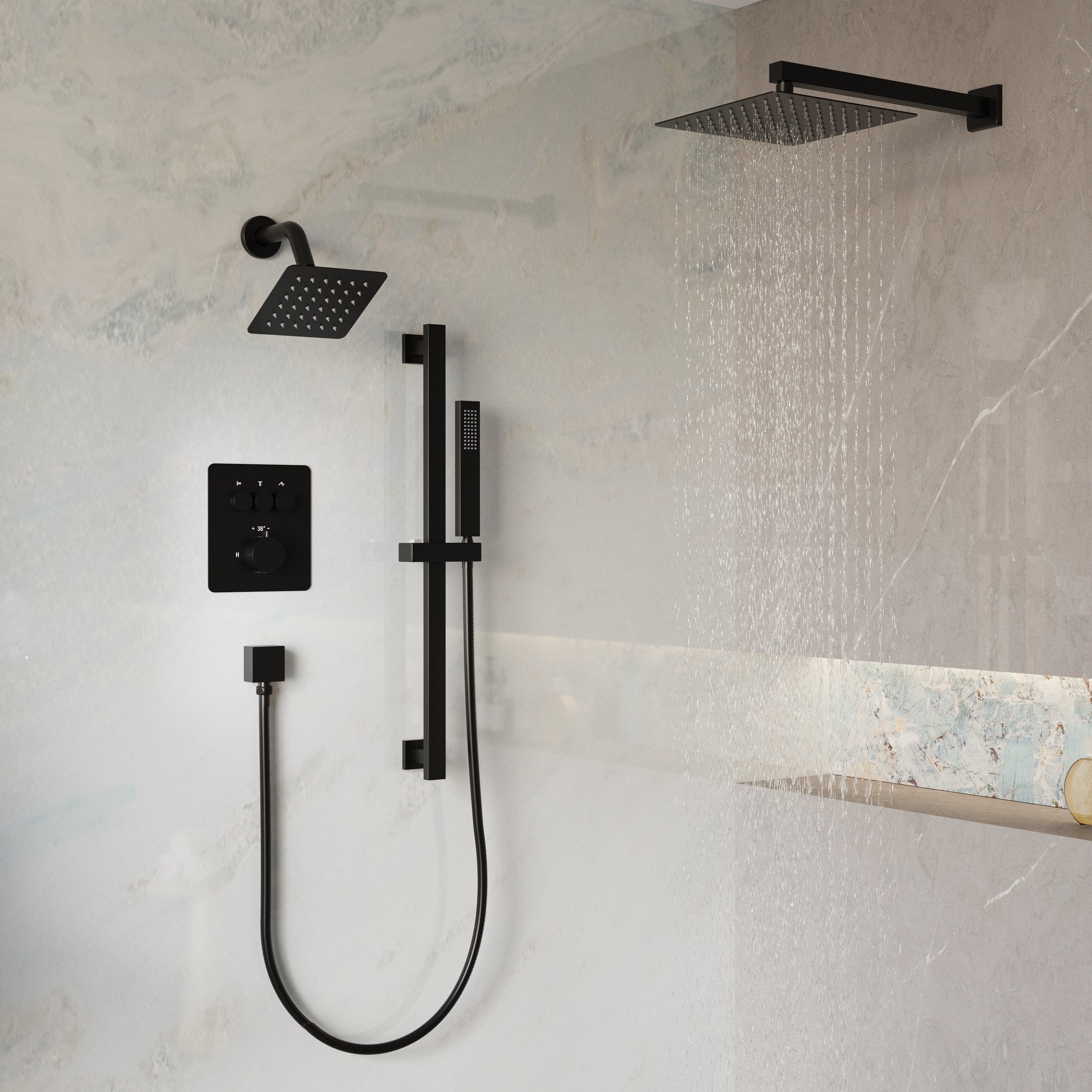 3-Function Thermostatic Stainless Steel Shower System with Dual Mounting Options Wall-Mounted & Ceiling-Mounted, Sliding Bar, 10" Square Overhead Shower