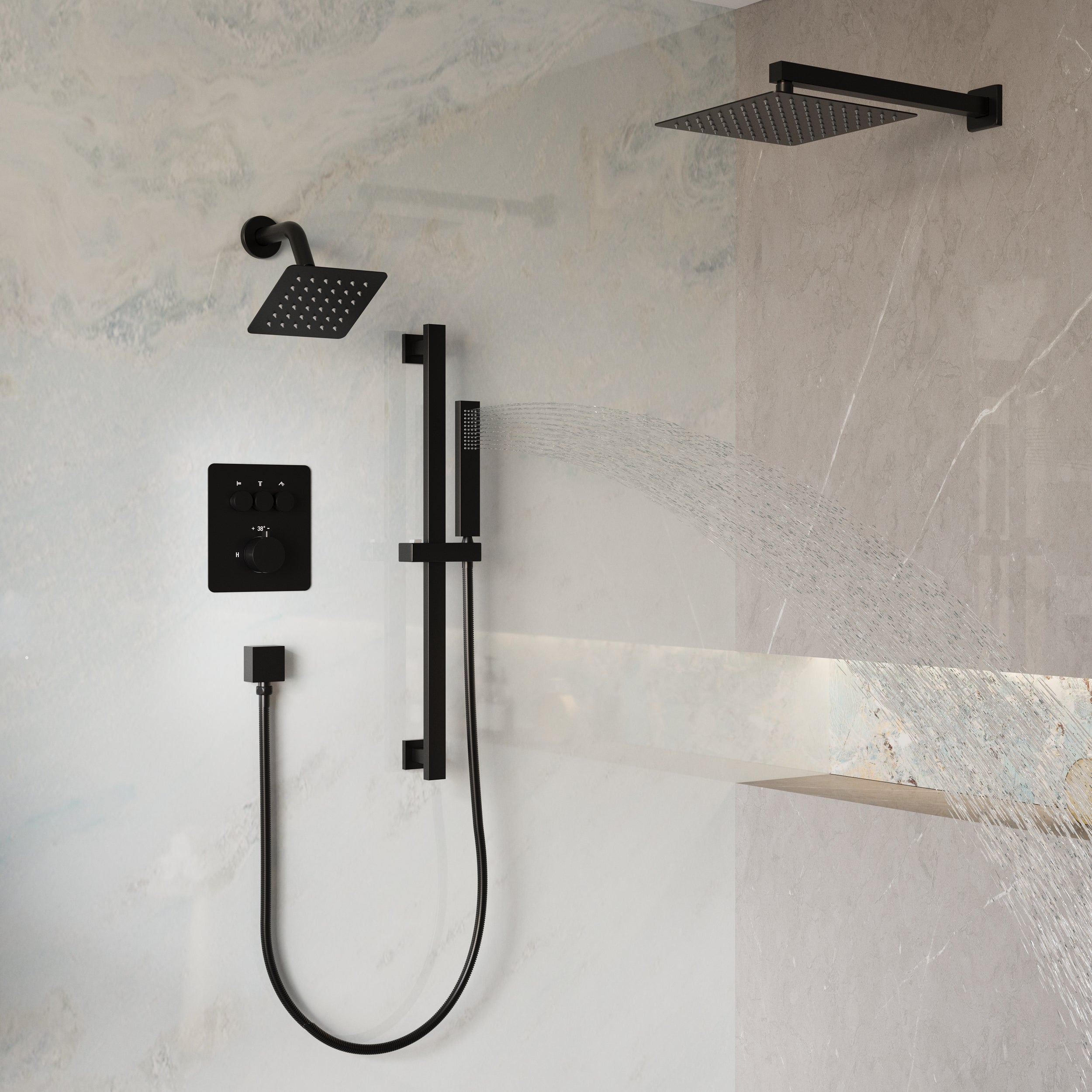 3-Function Thermostatic Stainless Steel Shower System with Dual Mounting Options Wall-Mounted & Ceiling-Mounted, Sliding Bar, 10" Square Overhead Shower