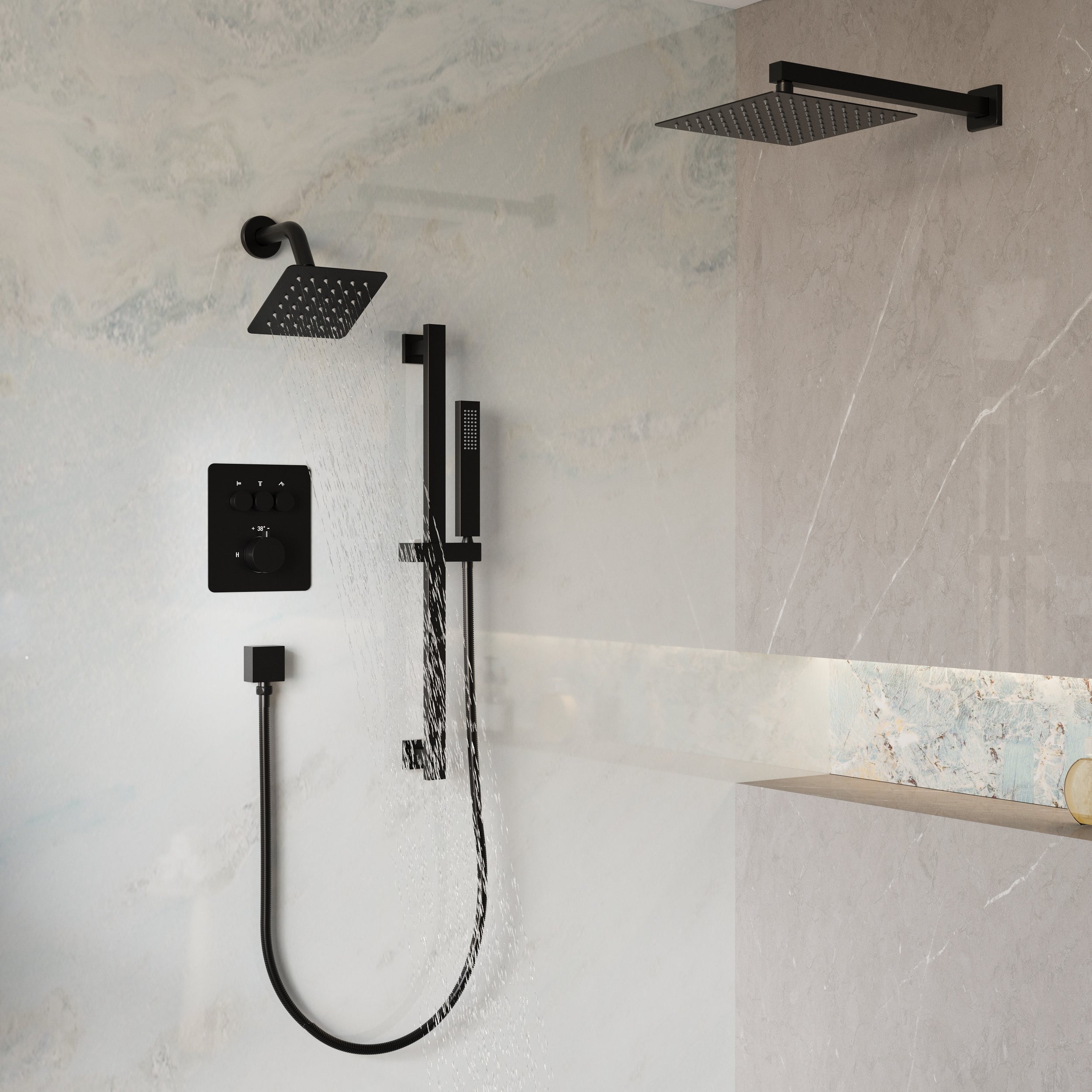 3-Function Thermostatic Stainless Steel Shower System with Dual Mounting Options Wall-Mounted & Ceiling-Mounted, Sliding Bar, 10" Square Overhead Shower