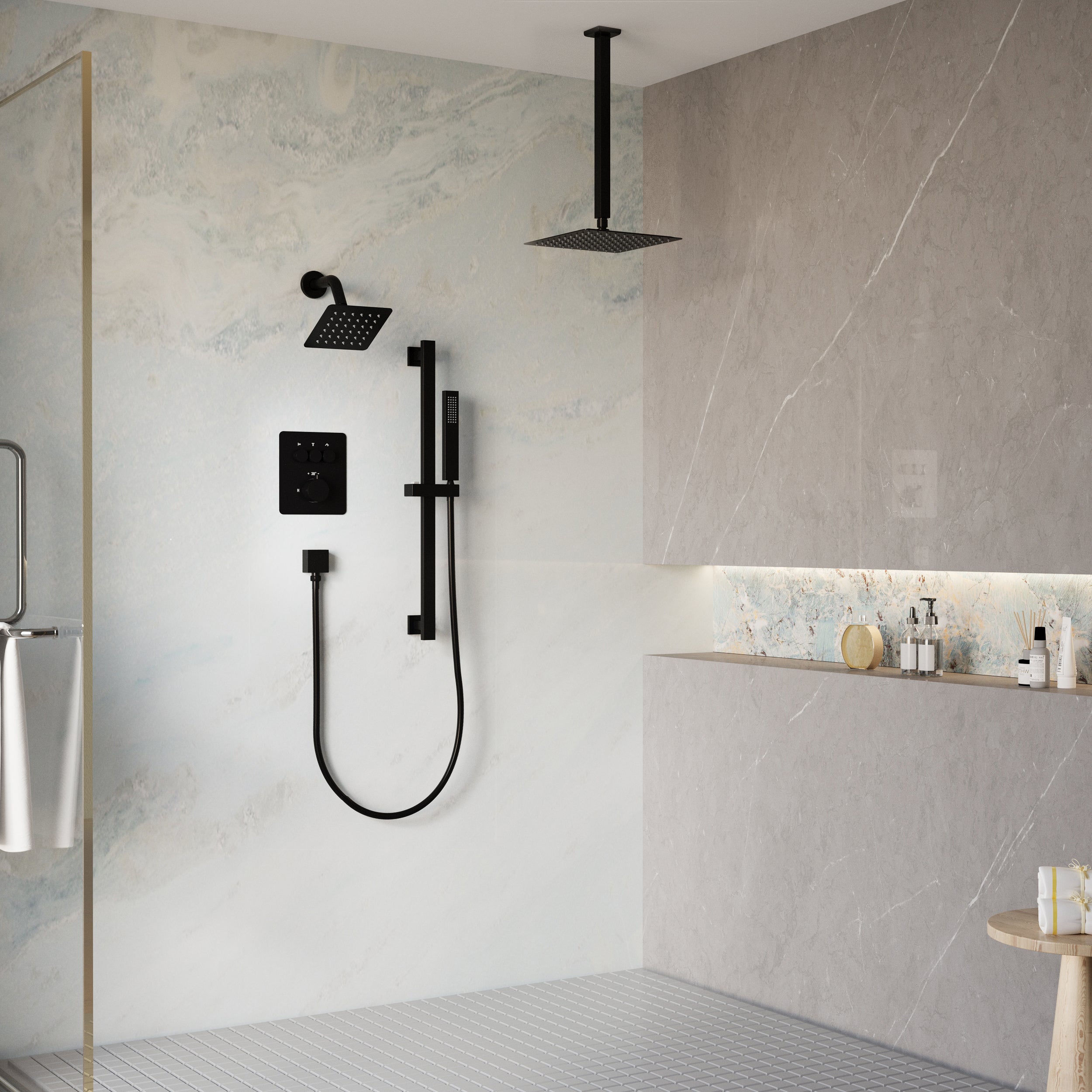 3-Function Thermostatic Stainless Steel Shower System with Dual Mounting Options Wall-Mounted & Ceiling-Mounted, Sliding Bar, 10" Square Overhead Shower
