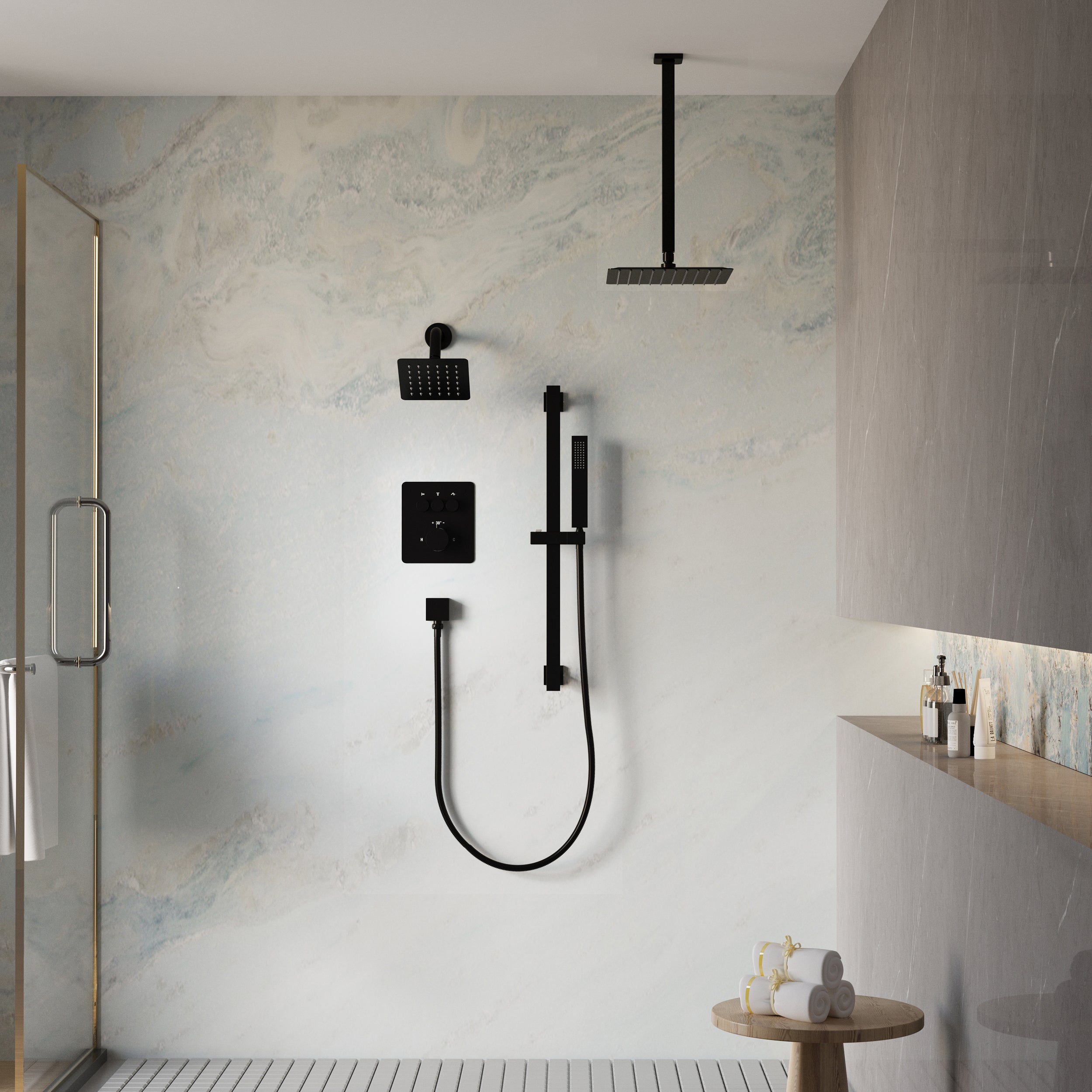 3-Function Thermostatic Stainless Steel Shower System with Dual Mounting Options Wall-Mounted & Ceiling-Mounted, Sliding Bar, 10" Square Overhead Shower
