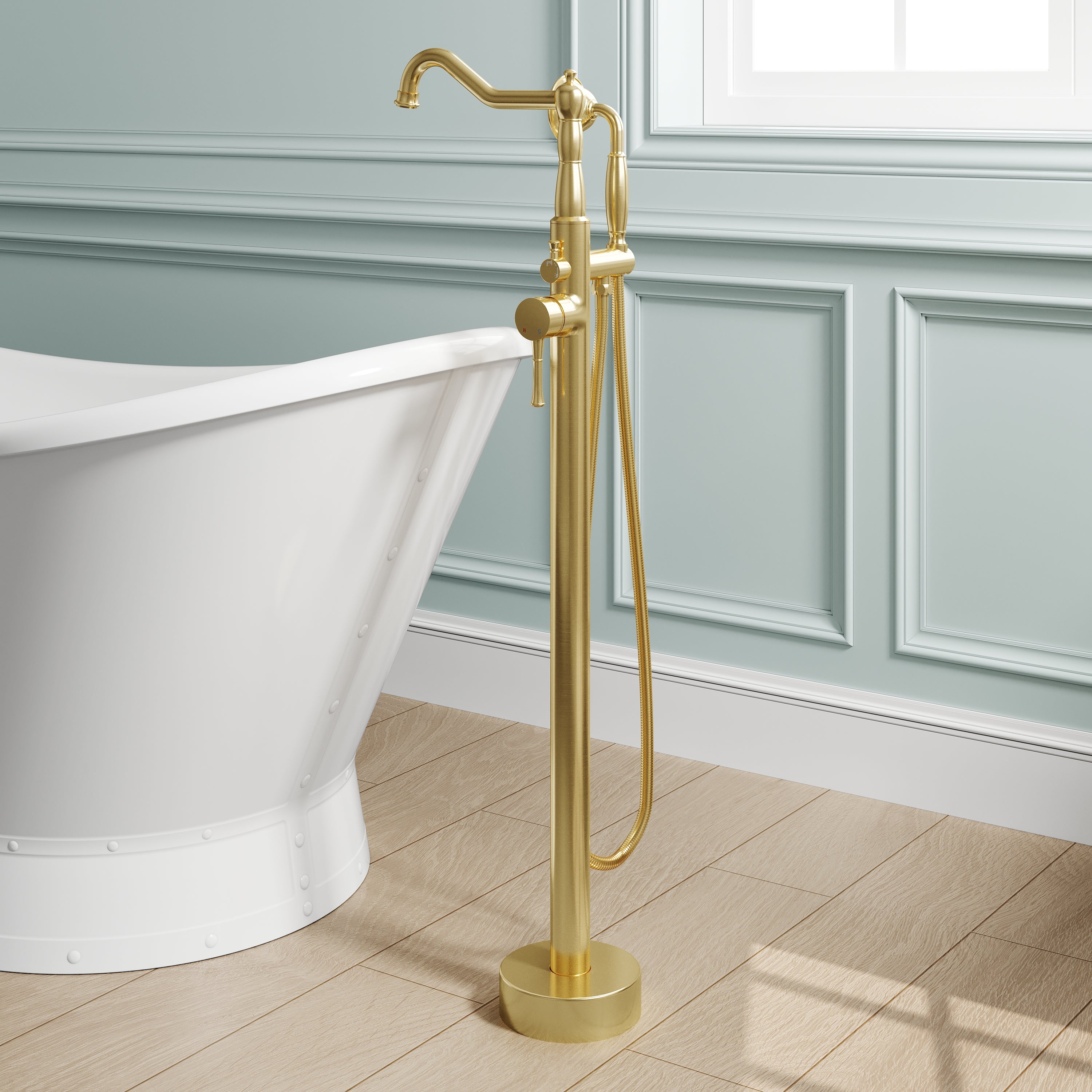 Freestanding Floor Mount Tub Faucet with 360° Swivel Spout, Brass Body & SUS304 Hand Shower