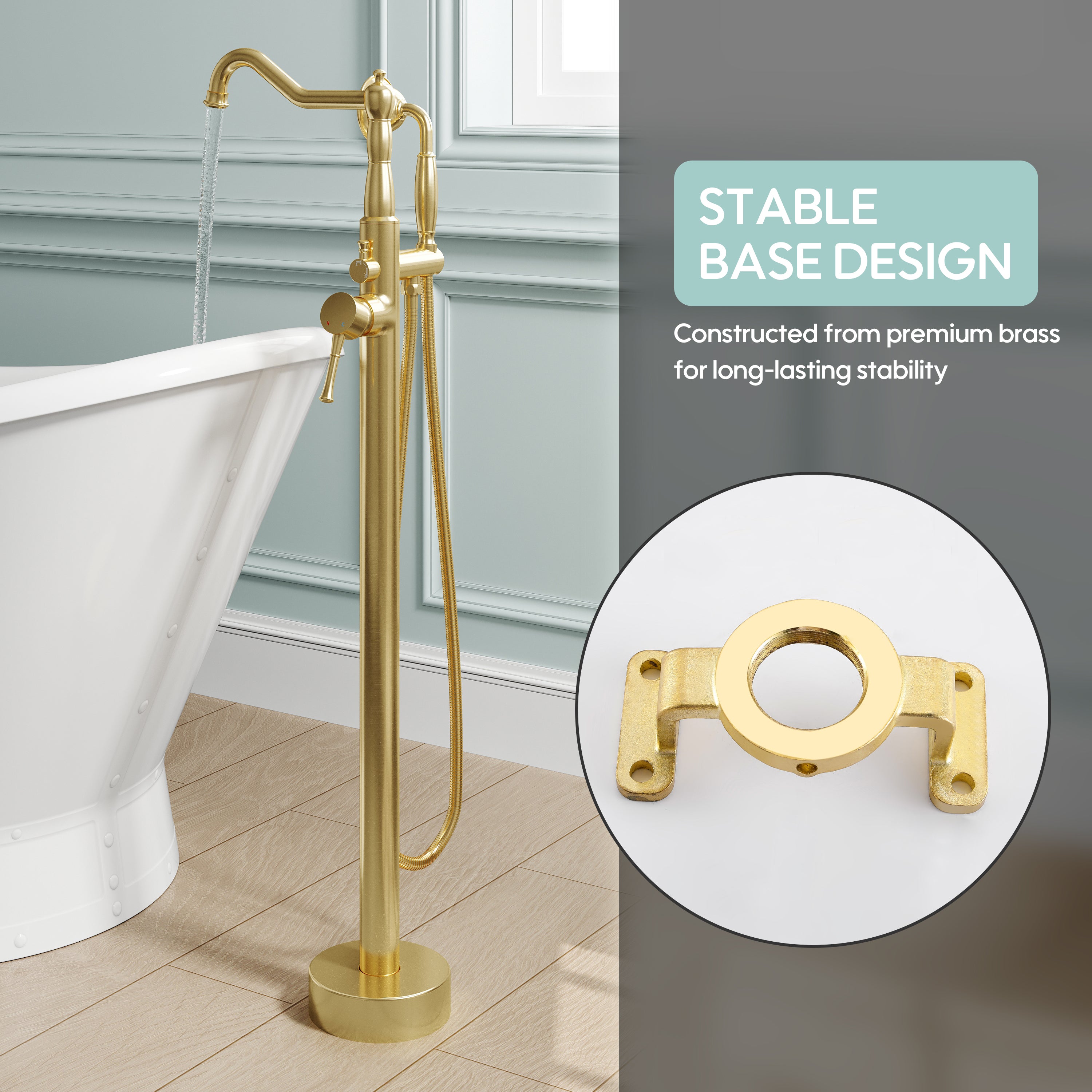 Freestanding Floor Mount Tub Faucet with 360° Swivel Spout, Brass Body & SUS304 Hand Shower