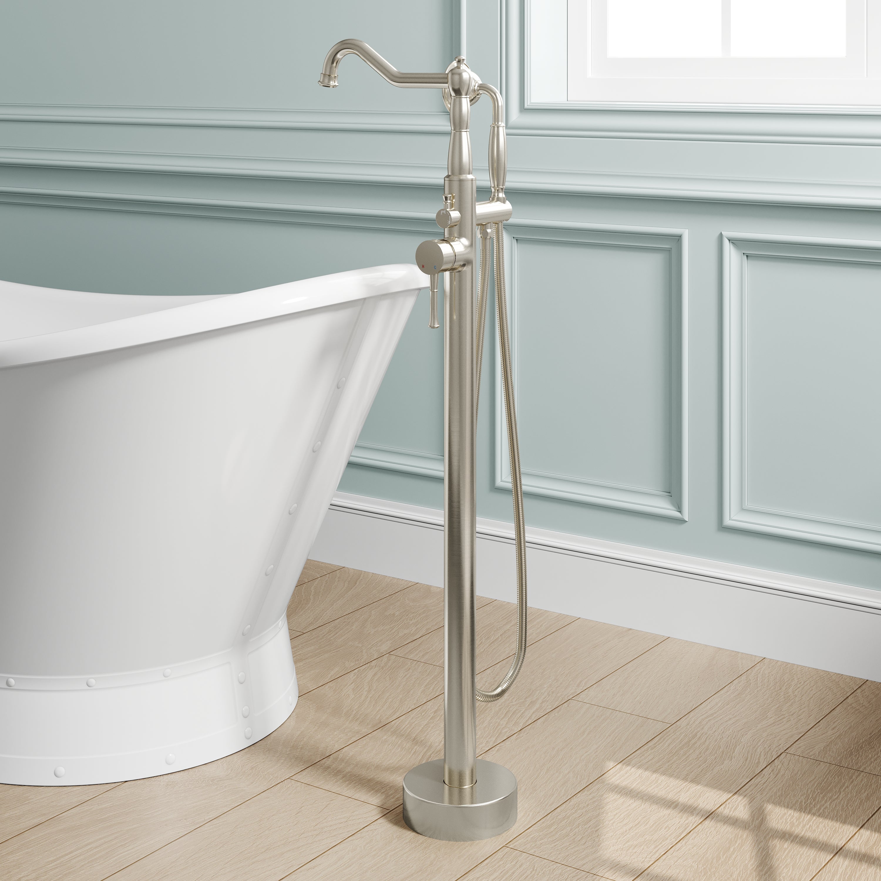 Freestanding Floor Mount Tub Faucet with 360° Swivel Spout, Brass Body & SUS304 Hand Shower