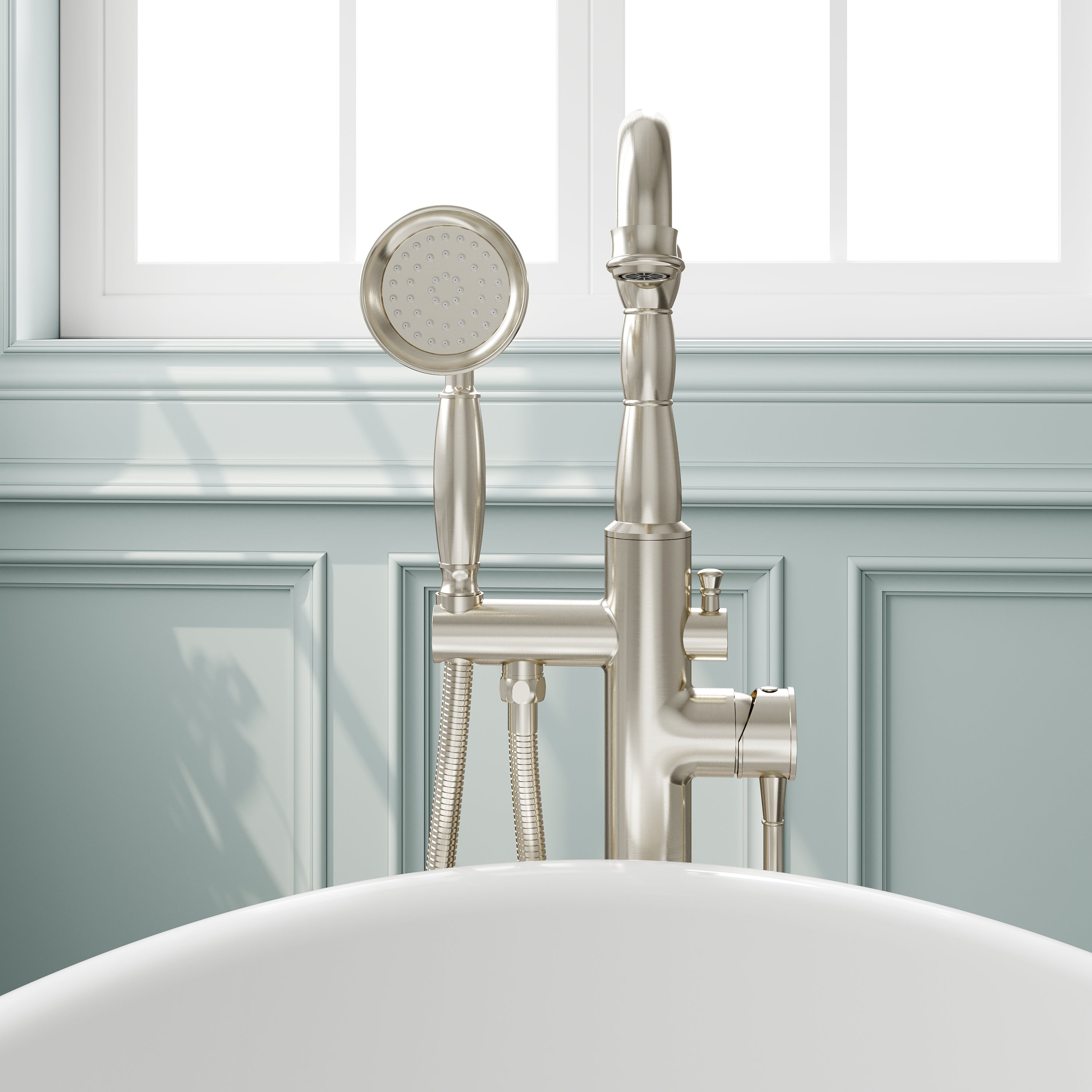 Freestanding Floor Mount Tub Faucet with 360° Swivel Spout, Brass Body & SUS304 Hand Shower
