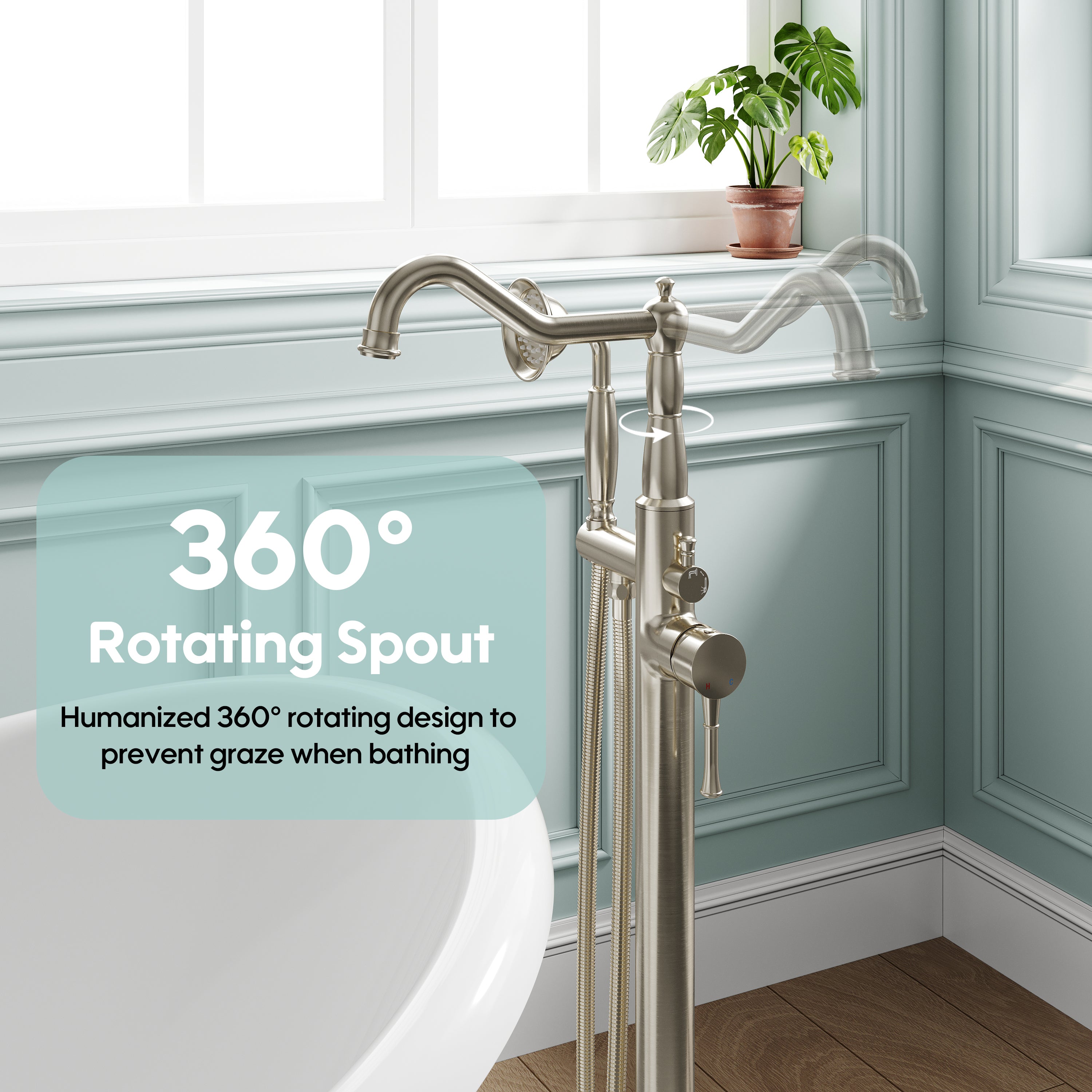 Freestanding Floor Mount Tub Faucet with 360° Swivel Spout, Brass Body & SUS304 Hand Shower