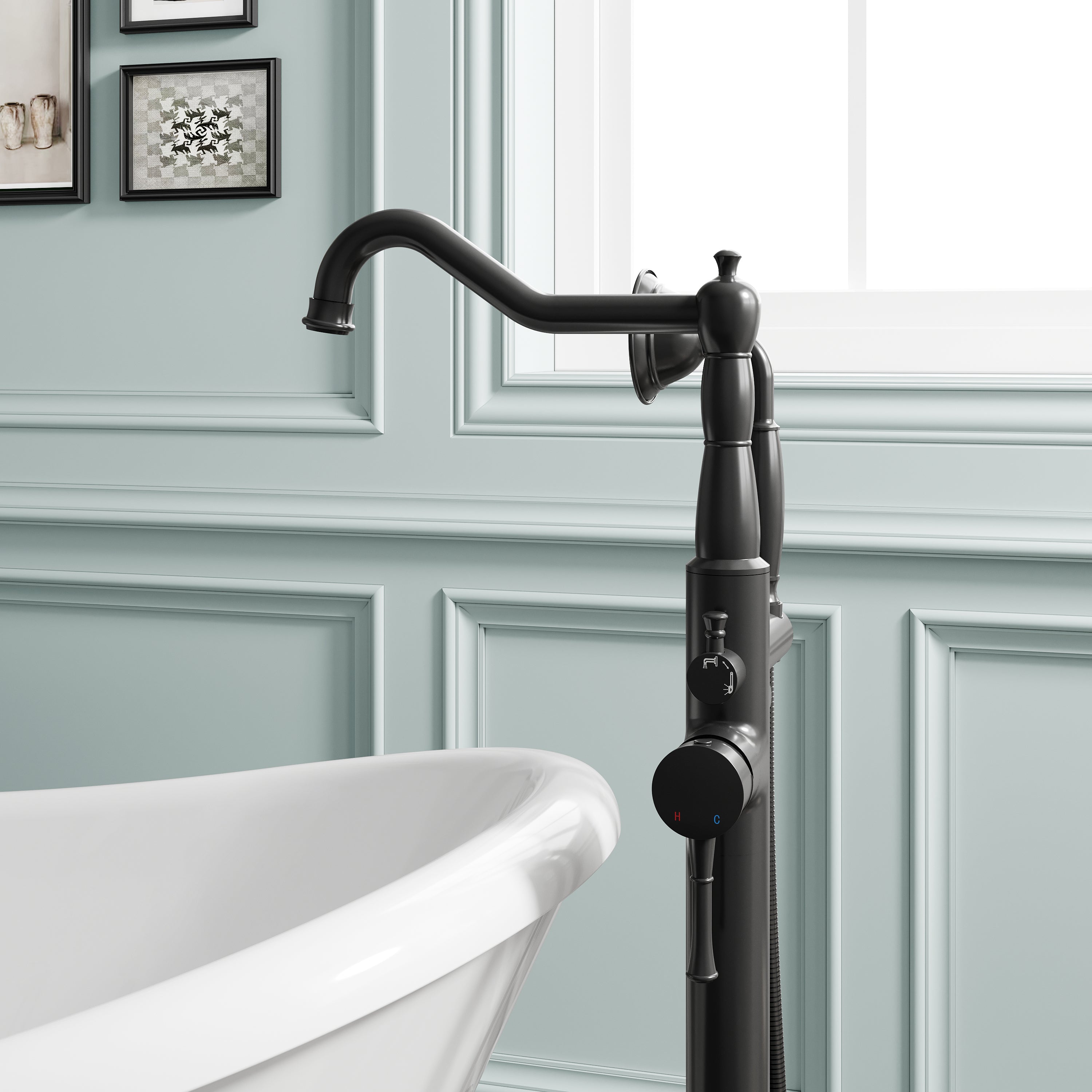 Freestanding Floor Mount Tub Faucet with 360° Swivel Spout, Brass Body & SUS304 Hand Shower