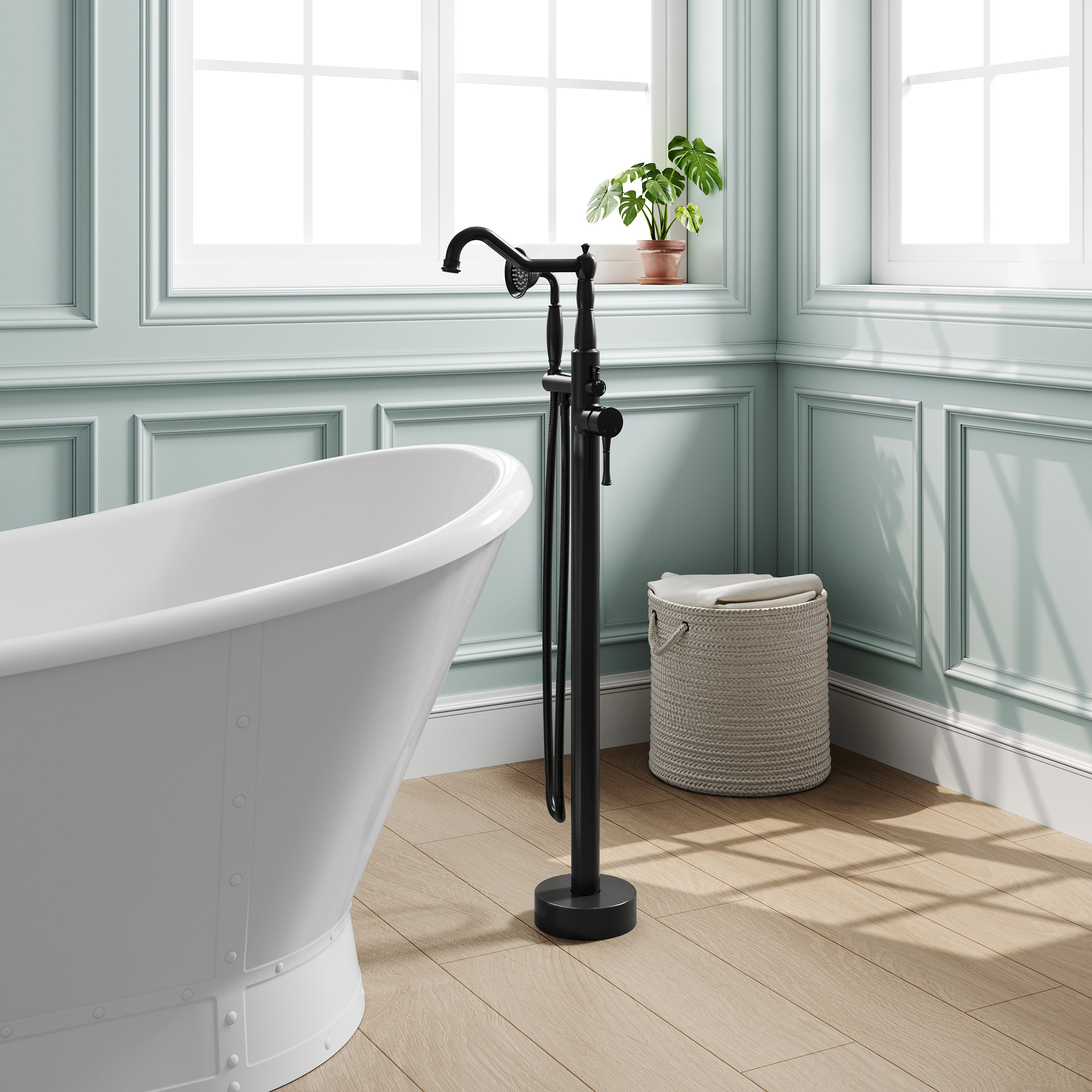 Freestanding Floor Mount Tub Faucet with 360° Swivel Spout, Brass Body & SUS304 Hand Shower