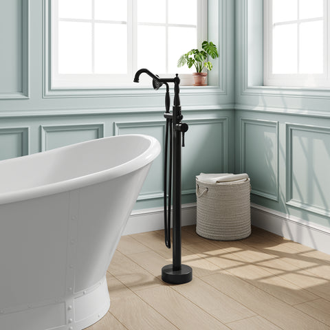 Freestanding Floor Mount Tub Faucet with 360° Swivel Spout, Brass Body & SUS304 Hand Shower