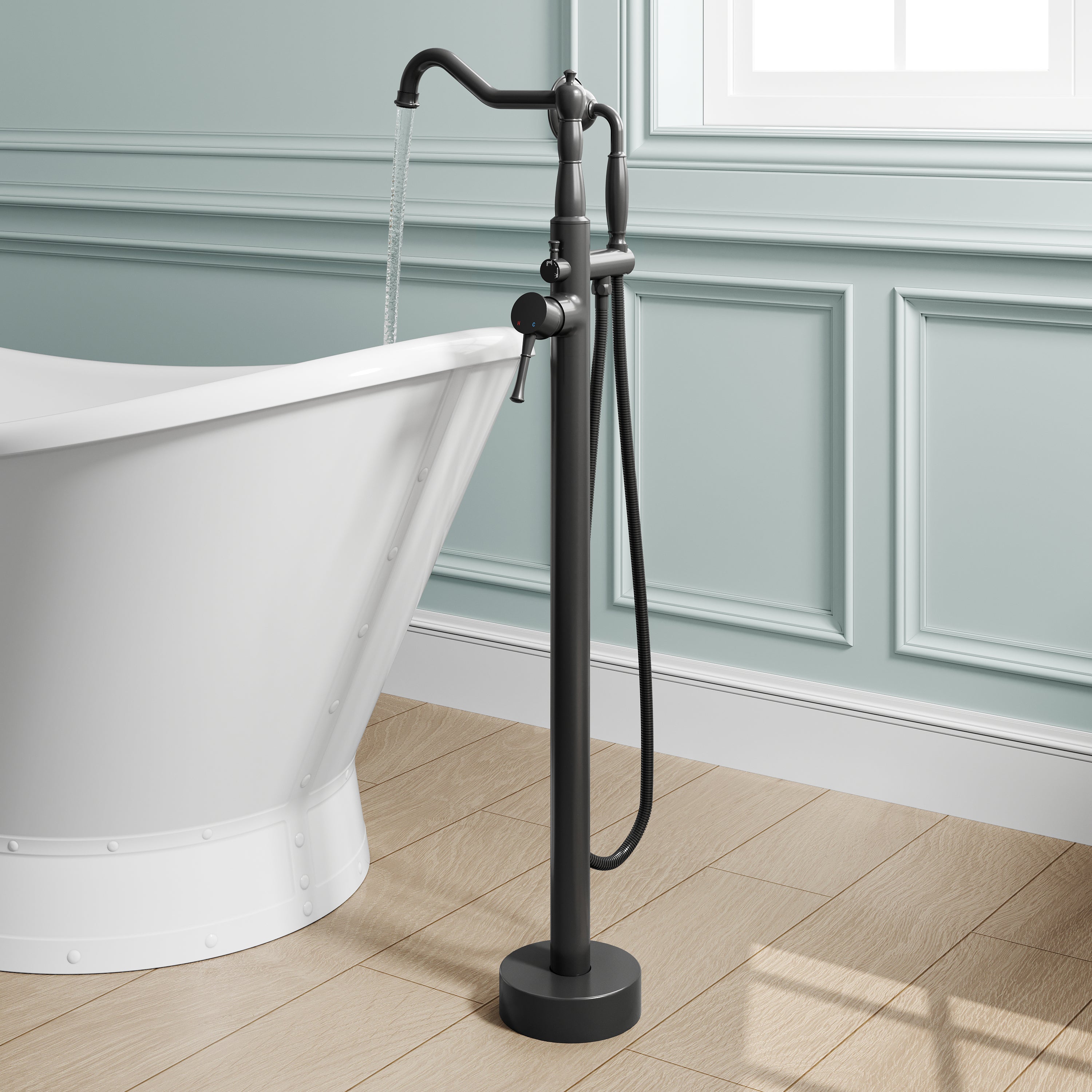 Freestanding Floor Mount Tub Faucet with 360° Swivel Spout, Brass Body & SUS304 Hand Shower