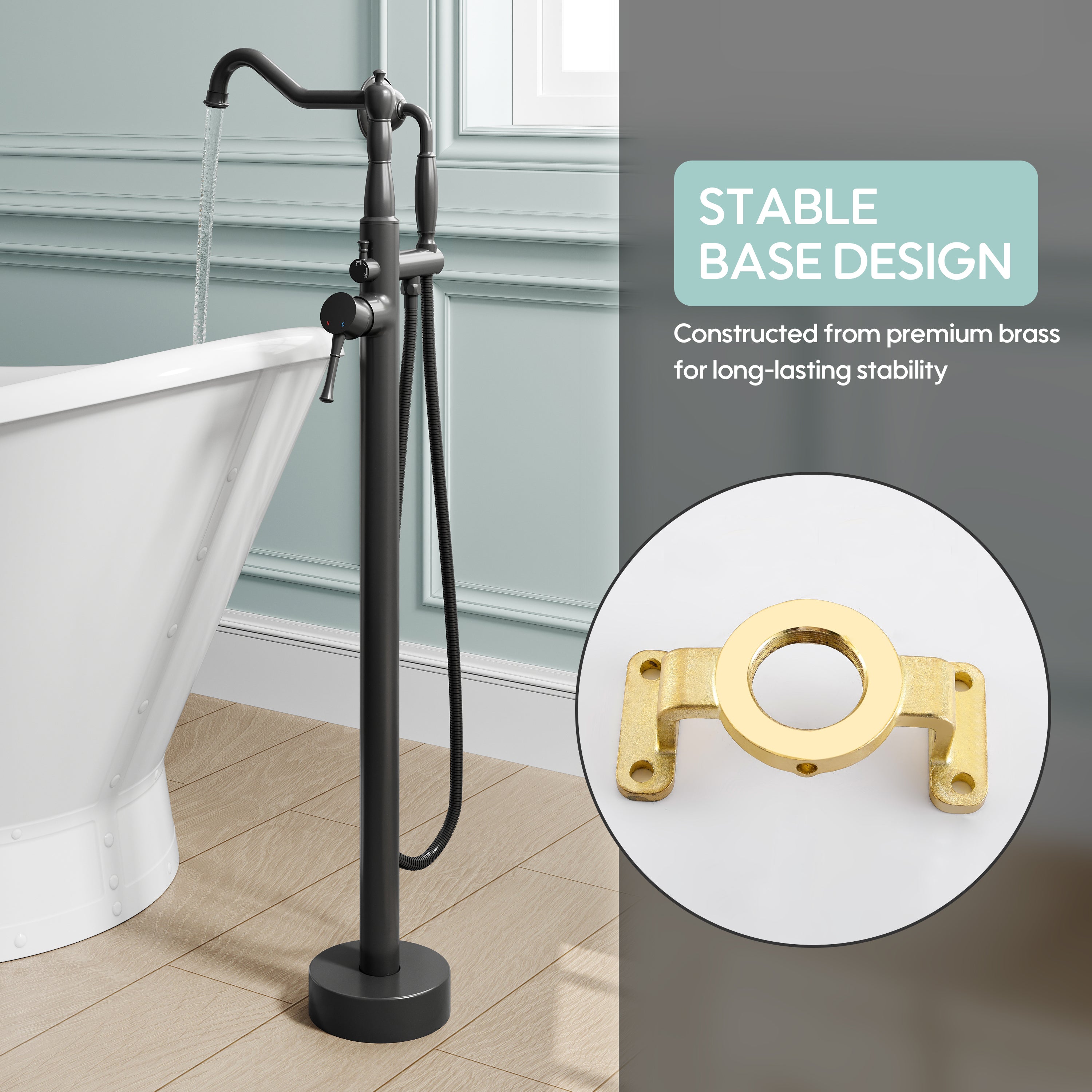 Freestanding Floor Mount Tub Faucet with 360° Swivel Spout, Brass Body & SUS304 Hand Shower
