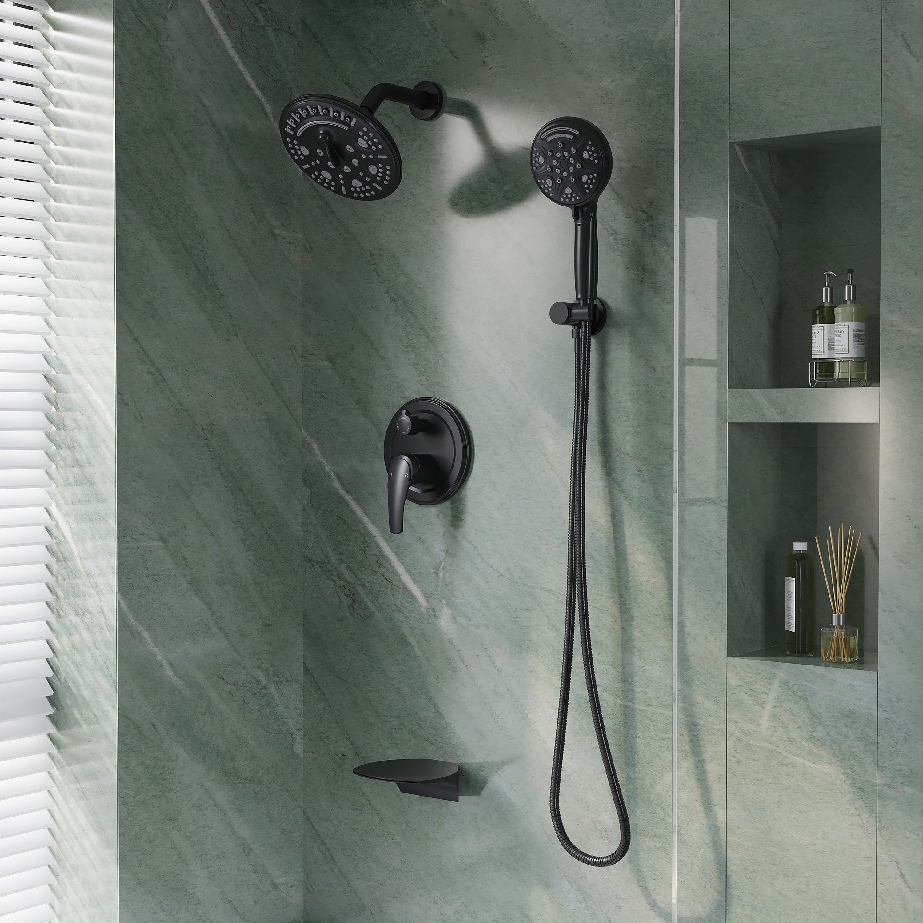 8 inch Wall Mount 6-Spray Patterns Rain Shower Head and 9-Function Handheld Shower Combo with Waterfall Nozzle