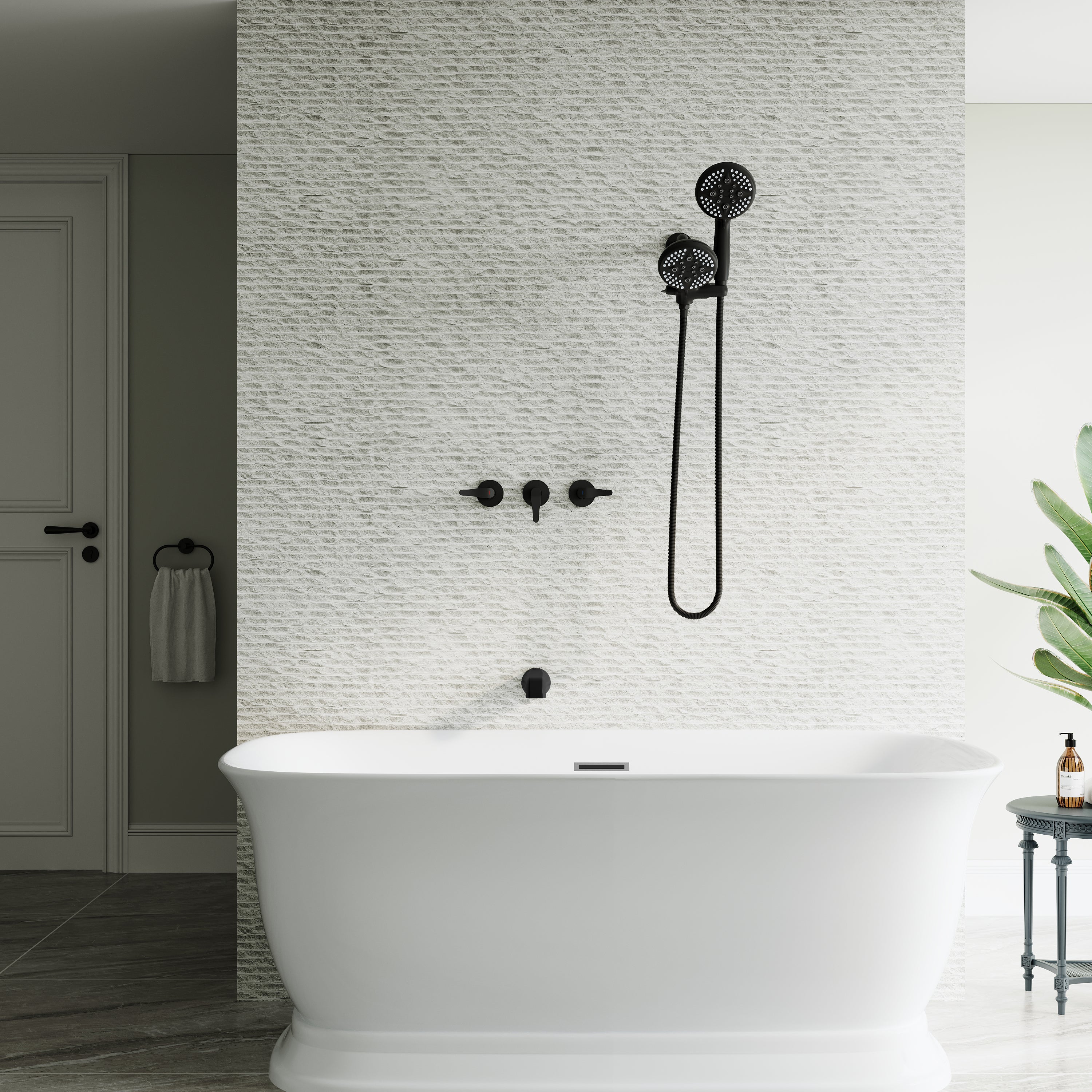Three-Handle Shower System With Diverter Handle And 5-Spray Function Heads