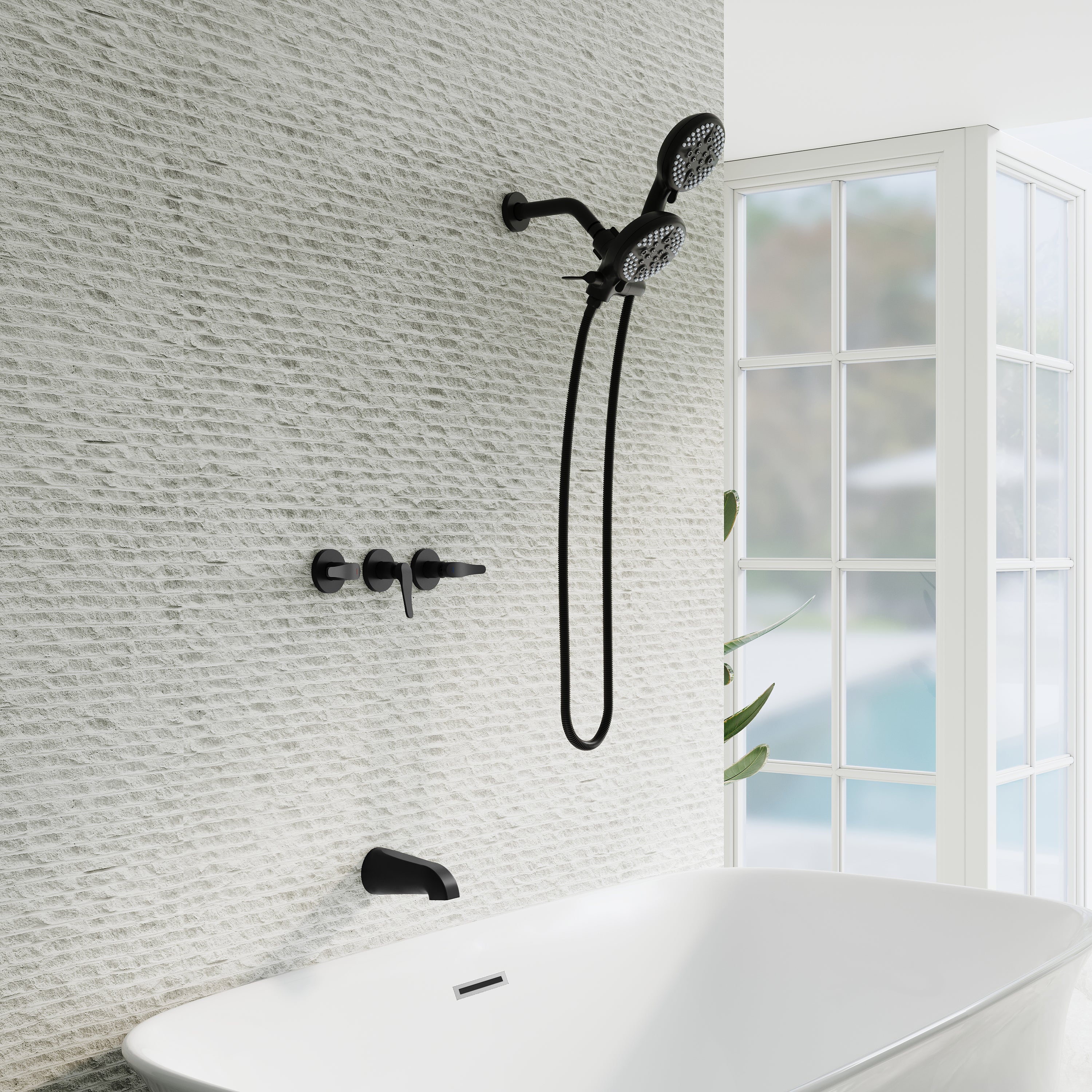 Three-Handle Shower System With Diverter Handle And 5-Spray Function Heads