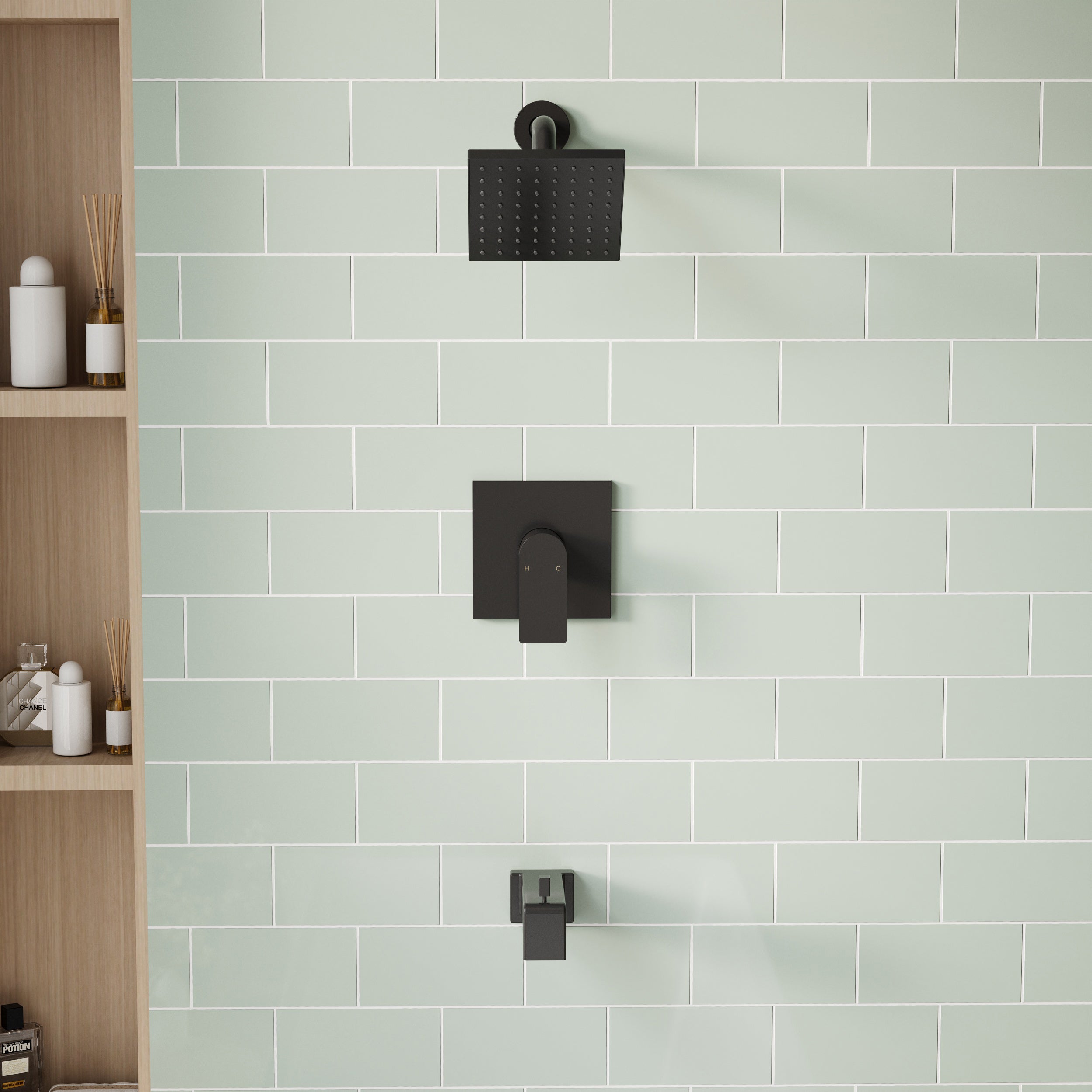 6-in Wall Mount Square Shower Faucet Set with Tub Spout Faucet Wall Mount Shower Head