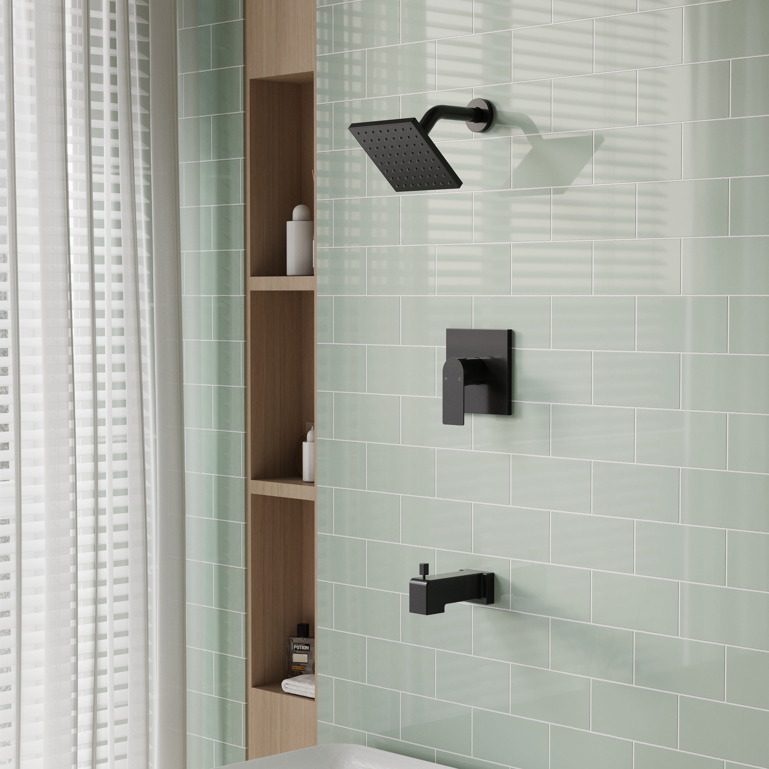 6-in Wall Mount Square Shower Faucet Set with Tub Spout Faucet Wall Mount Shower Head