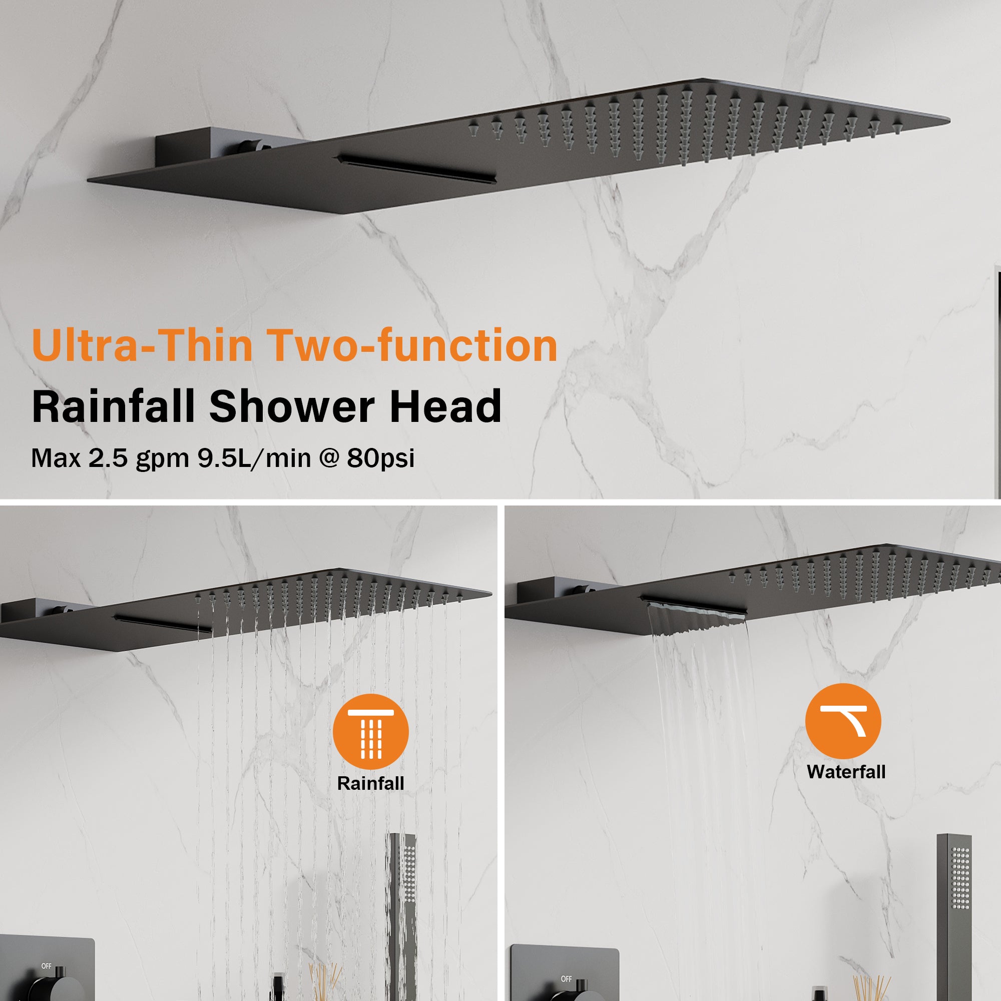 3-Function Shower System with Rainfall Shower Head, Built-in Shelf & Handheld