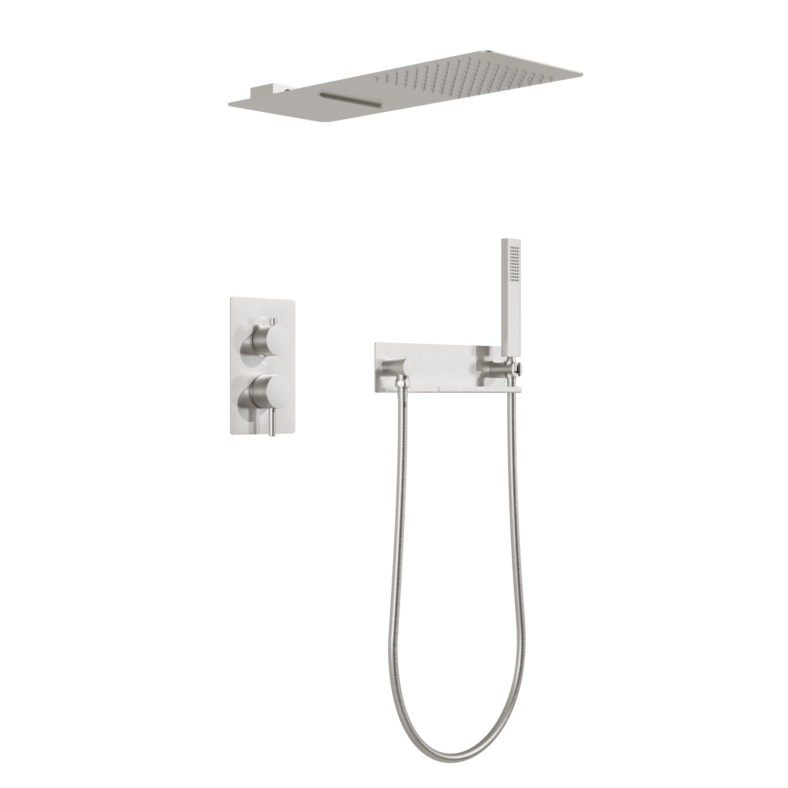 Pressure Balance 3-Function Shower System with 19.69''×7.87'' Rainfall Shower Head, Built-in Shelf & Handheld, 304 Stainless Steel