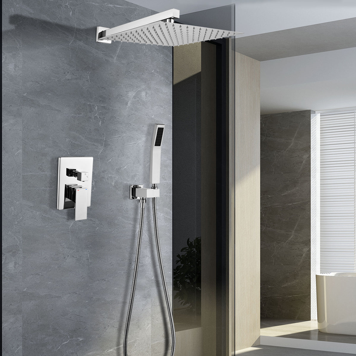 12-in Rain Shower Head Wall Mount Dual Head Built-In DT Shower System with 2-way Diverter Valve Included