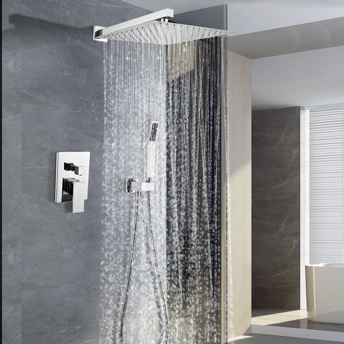 12-in Rain Shower Head Wall Mount Dual Head Built-In DT Shower System with 2-way Diverter Valve Included