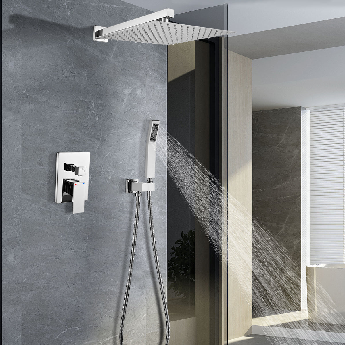12-in Rain Shower Head Wall Mount Dual Head Built-In DT Shower System with 2-way Diverter Valve Included