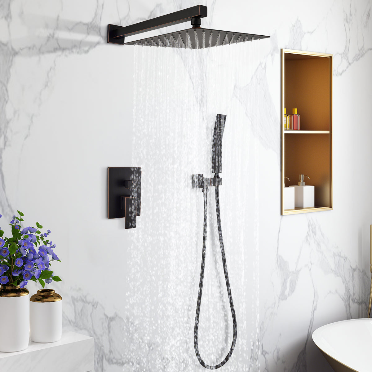 12-in Rain Shower Head Wall Mount Dual Head Built-In DT Shower System with 2-way Diverter Valve Included