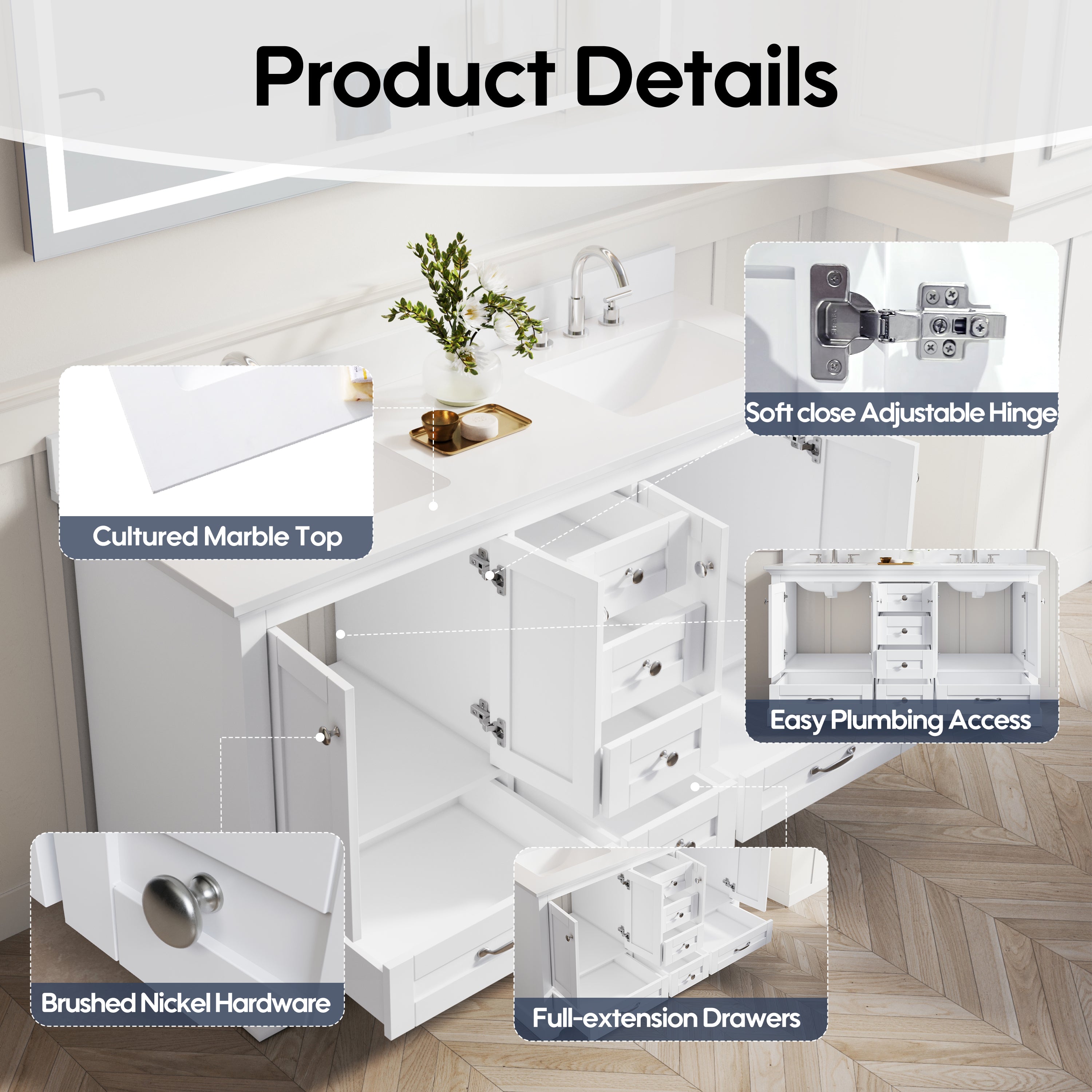 60 Inch White Bathroom Vanity with 2 cUPC Undermount Basins with 4 Doors and 6 Drawers