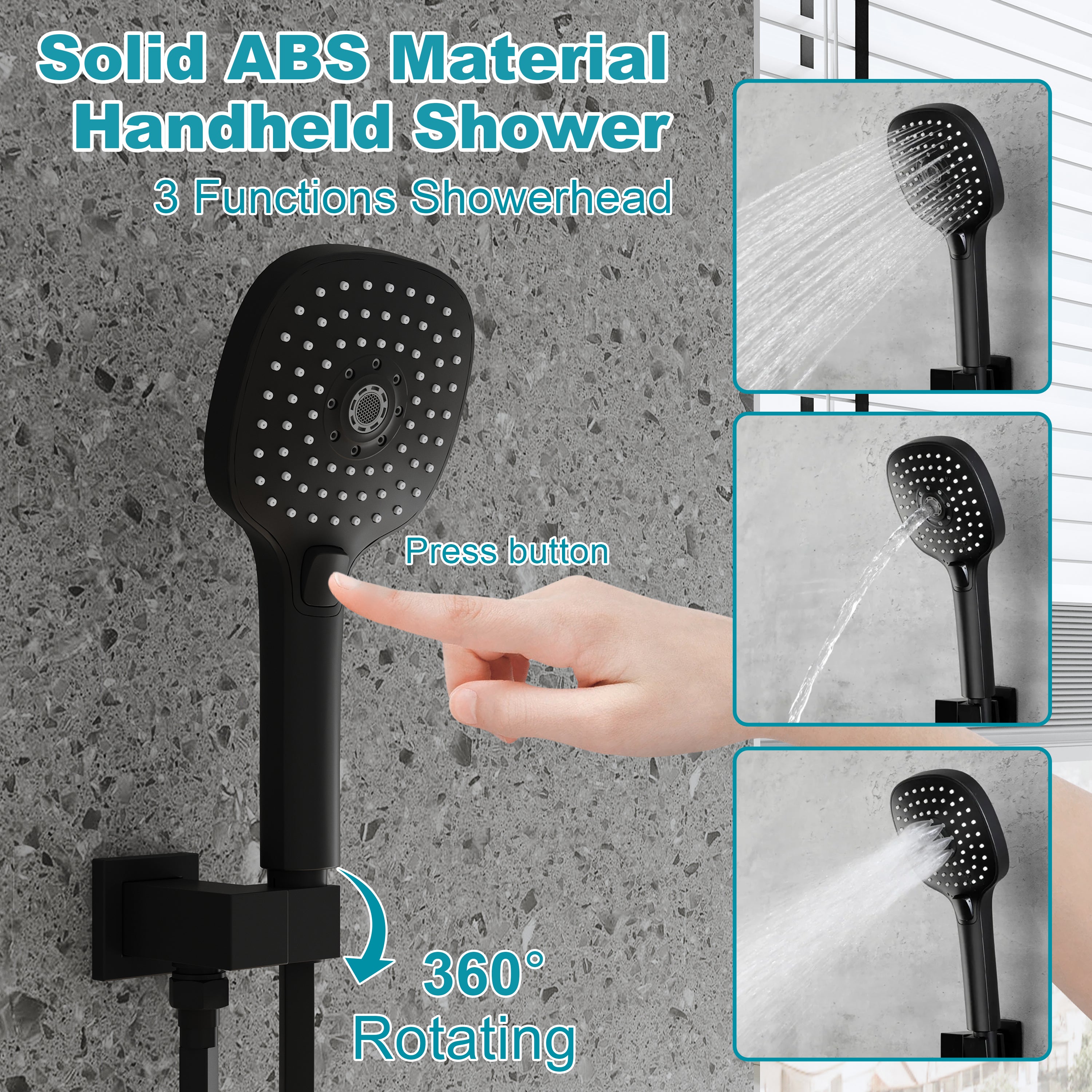 Wall Mount 12" Rainfall Shower Head 2-Spray Combo Shower System Set with 3-Function ABS Hand Shower in Matte Black