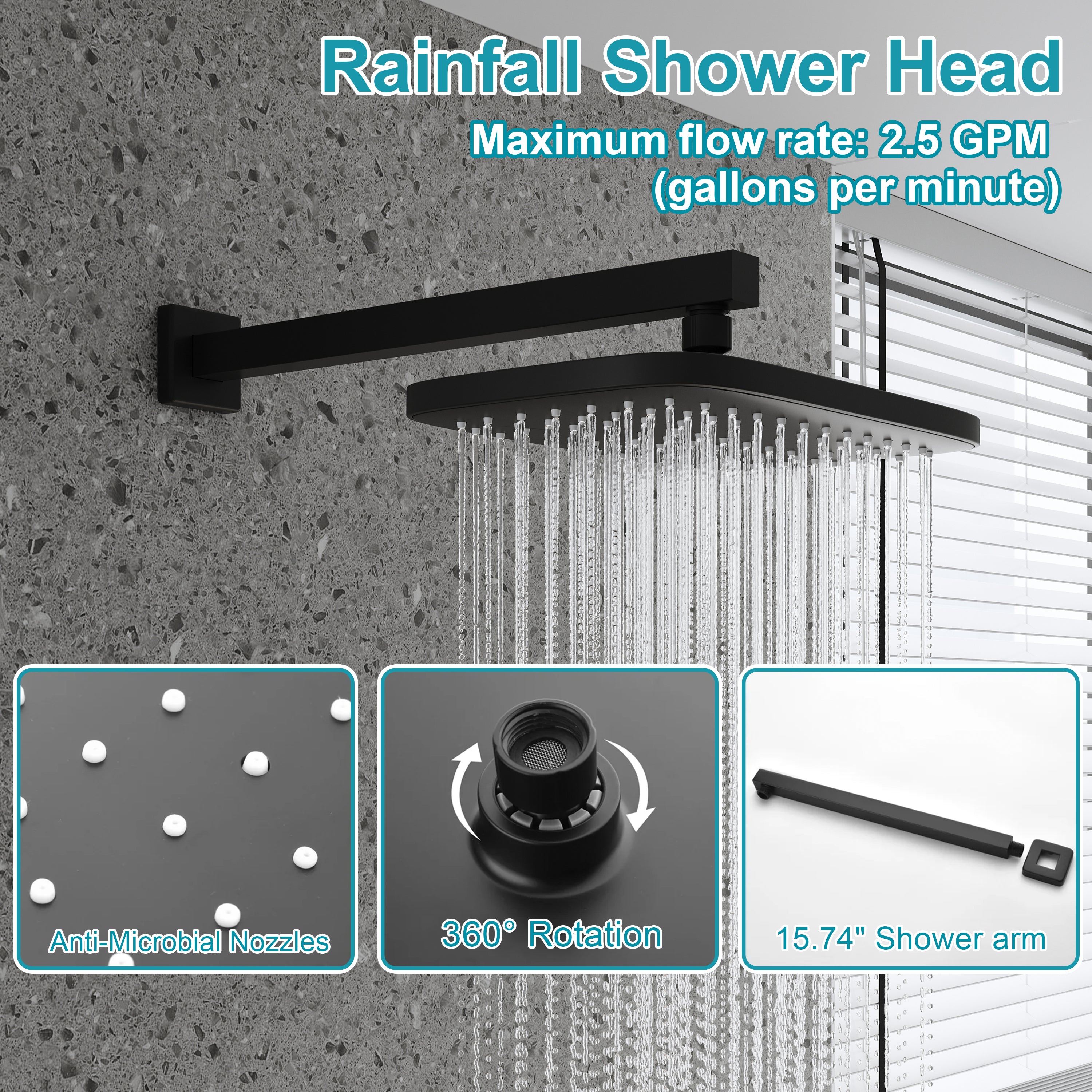 Wall Mount 12" Rainfall Shower Head 2-Spray Combo Shower System Set with 3-Function ABS Hand Shower in Matte Black