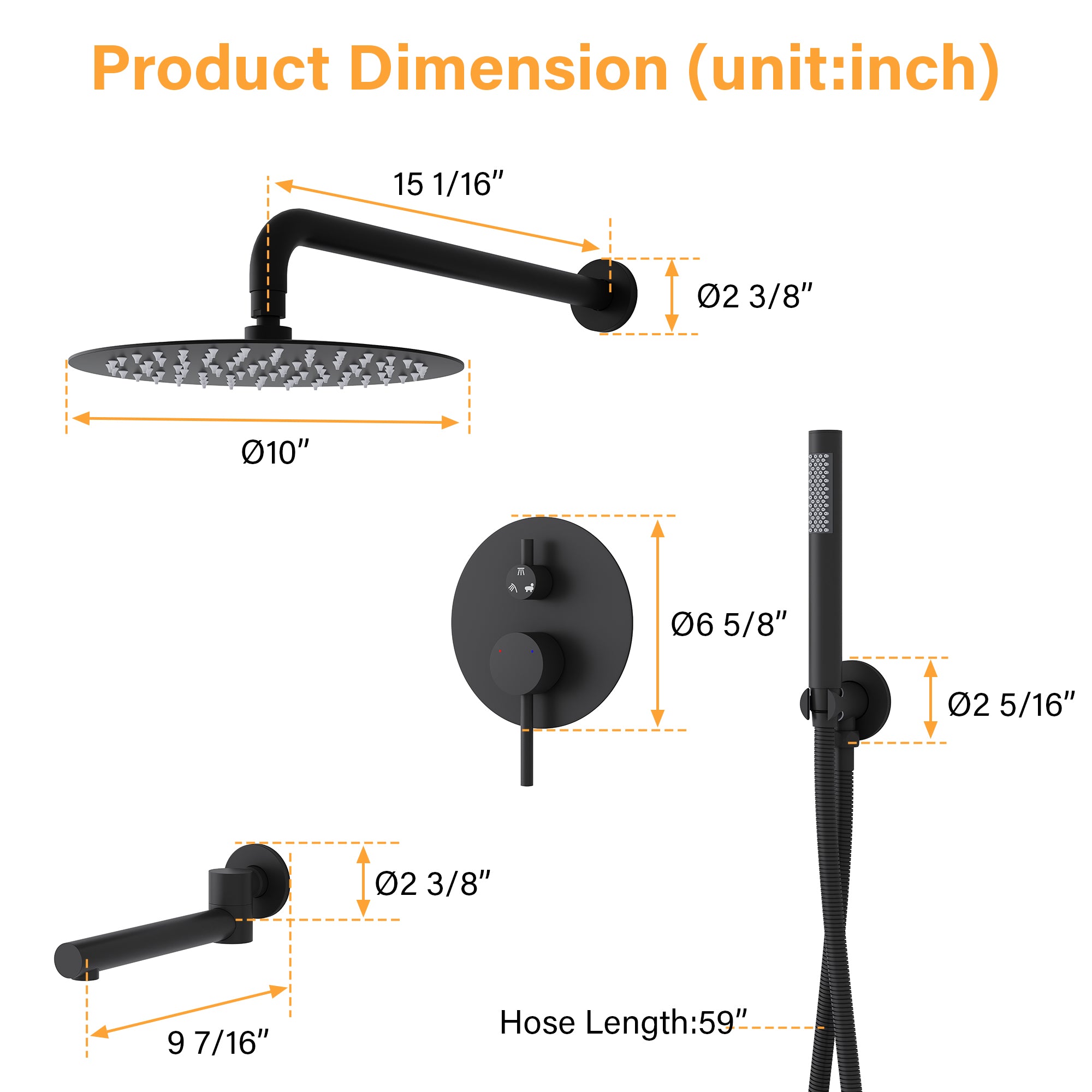 3-Function Shower System with 10-Inch Rain Shower Head, Adjustable Tub Spout, Hand shower, 304 SS