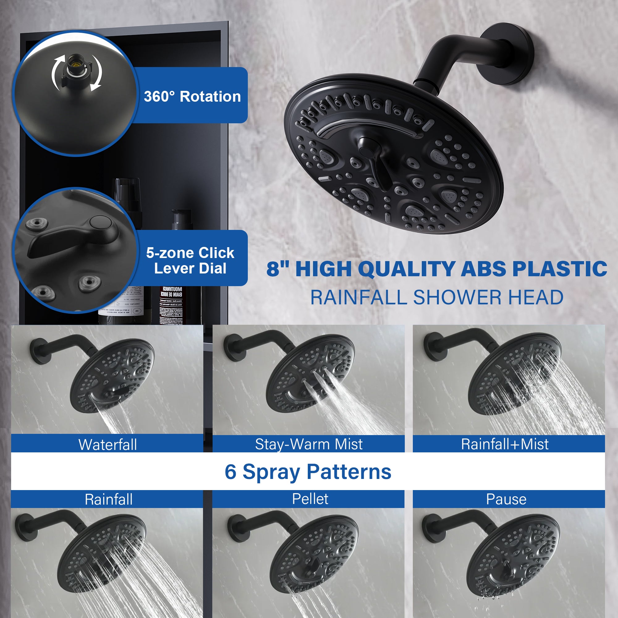 8 inch Wall Mount 6-Spray Patterns Rain Shower Head and 9-Function Handheld Shower Combo
