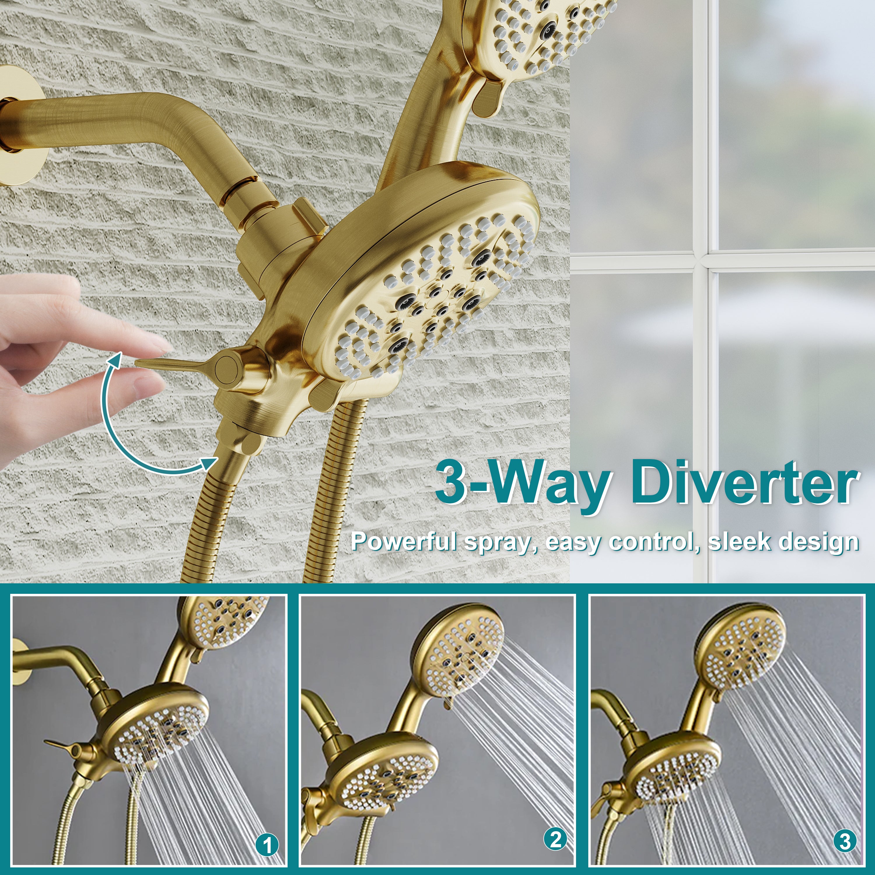 Three-Handle Shower System With Diverter Handle And 5-Spray Function Heads