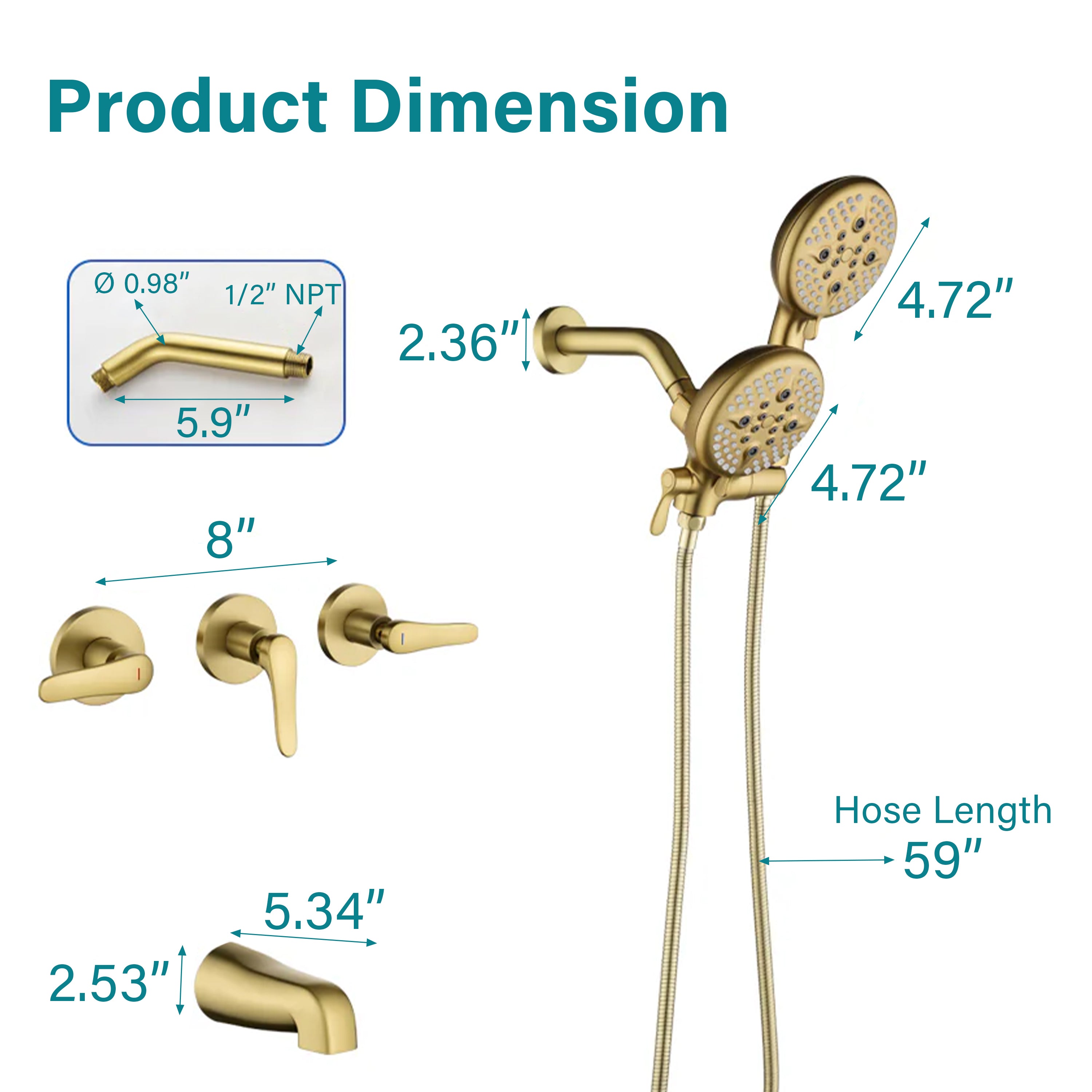 Three-Handle Shower System With Diverter Handle And 5-Spray Function Heads