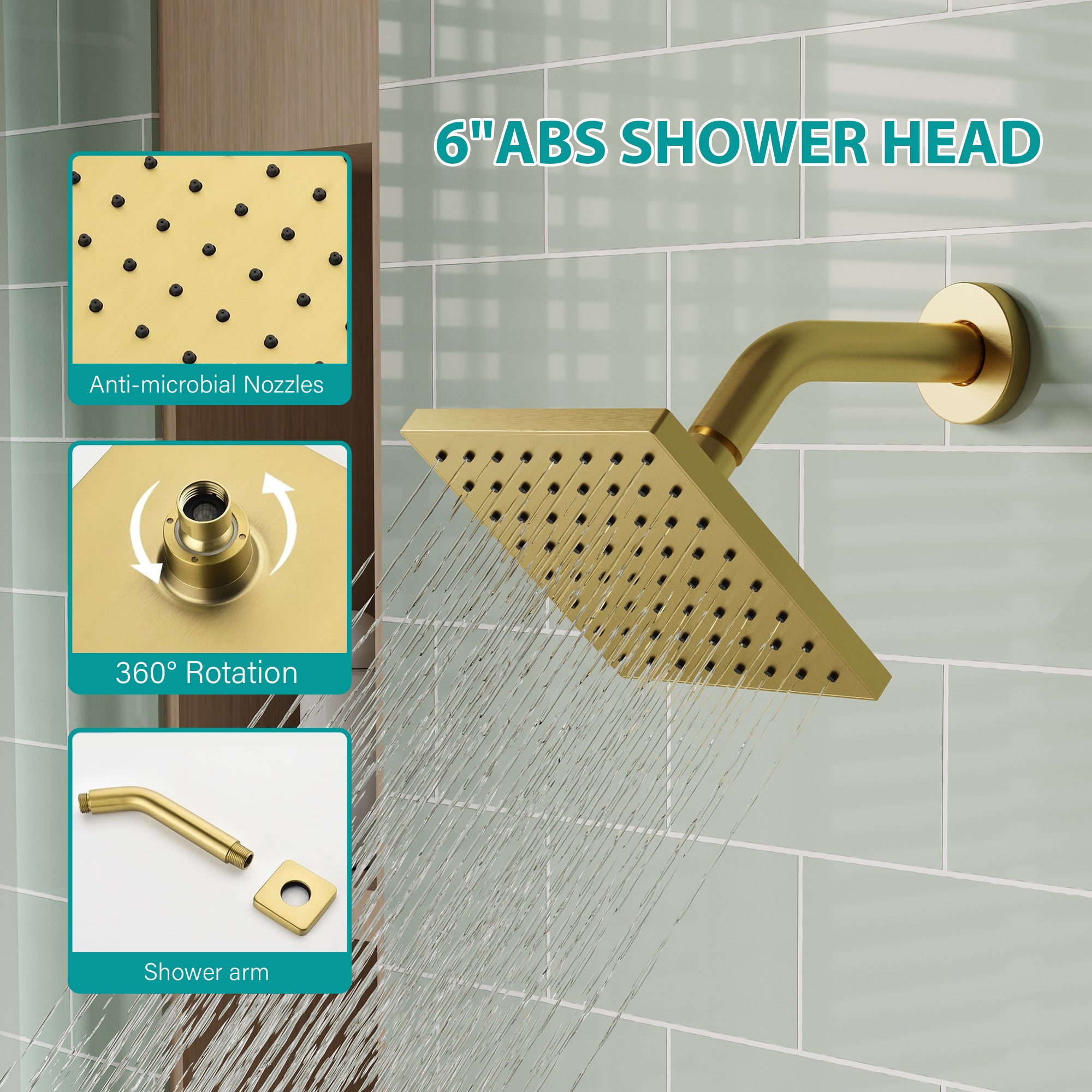 6-in Wall Mount Square Shower Faucet Set with Tub Spout Faucet Wall Mount Shower Head