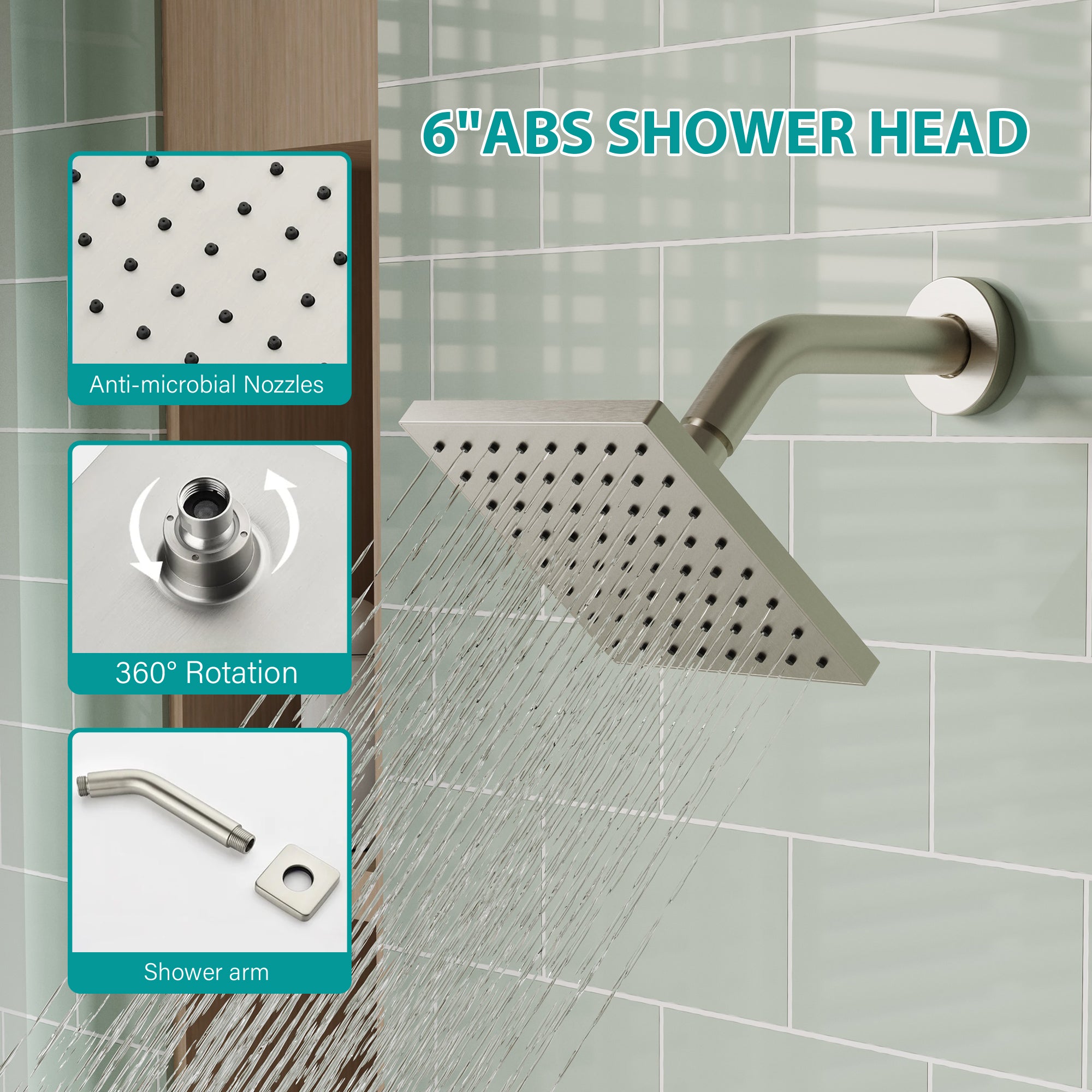 6-in Wall Mount Square Shower Faucet Set with Tub Spout Faucet Wall Mount Shower Head