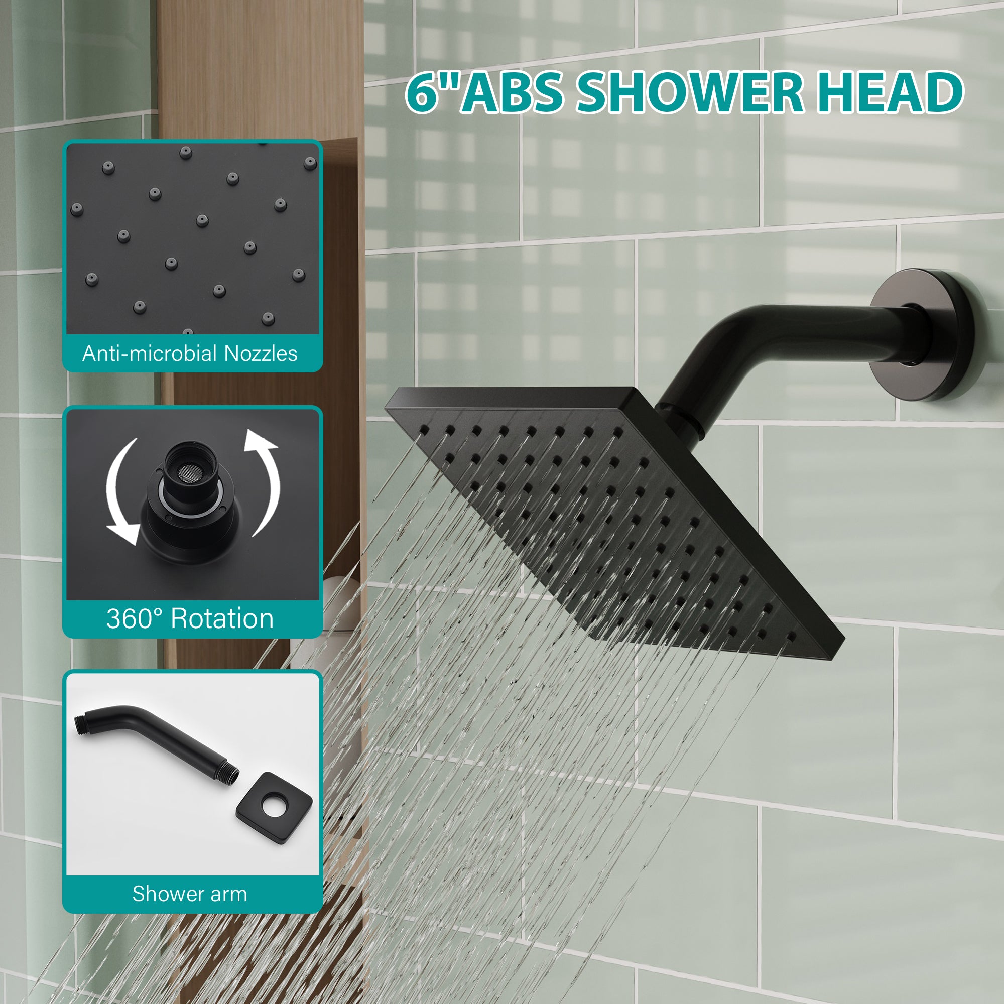 6-in Wall Mount Square Shower Faucet Set with Tub Spout Faucet Wall Mount Shower Head
