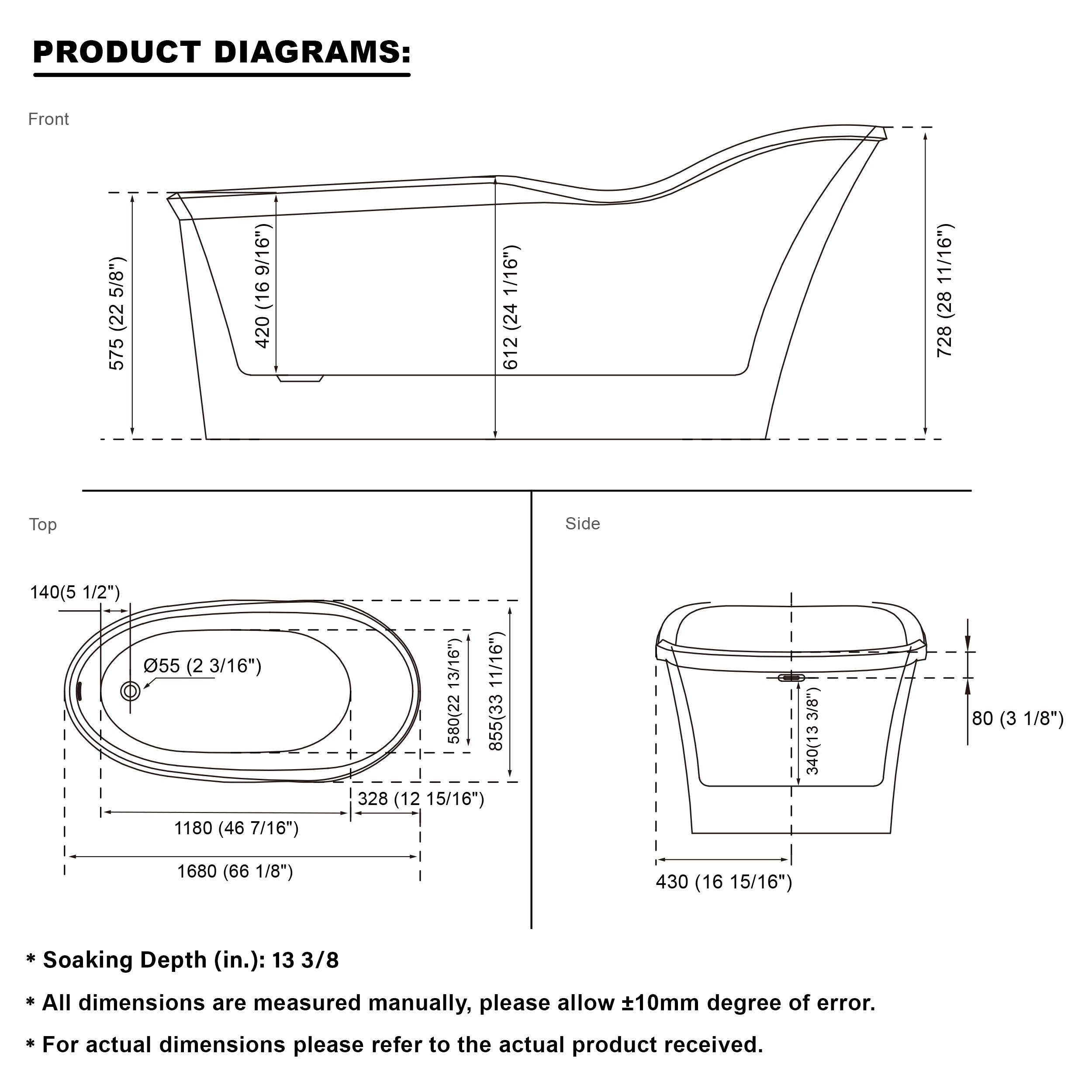66" Freestanding Acrylic Bathtub Glossy White with Overflow and Drainage