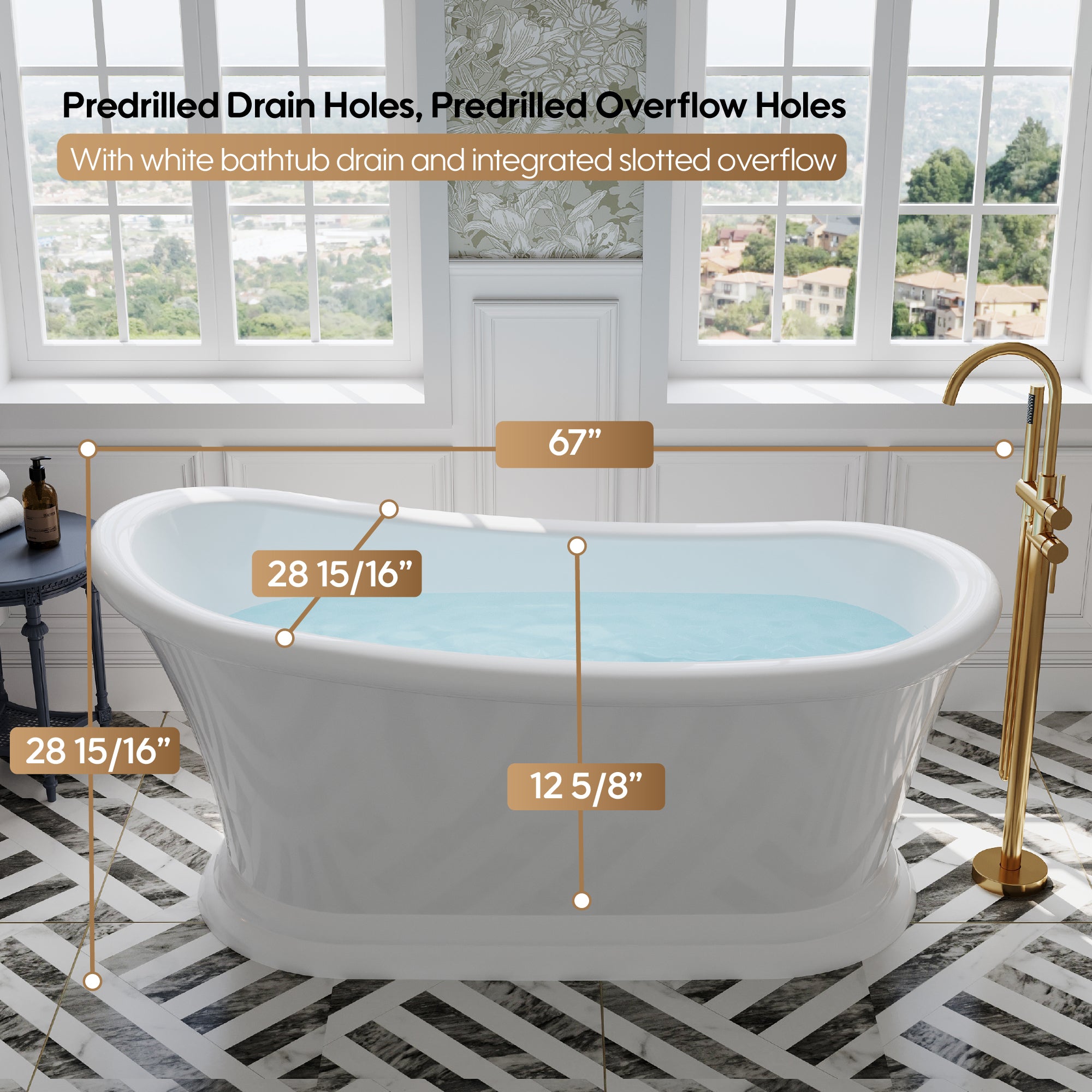 67" Acrylic Modern Freestanding Soaking Bathtub, Overflow and Drain Included